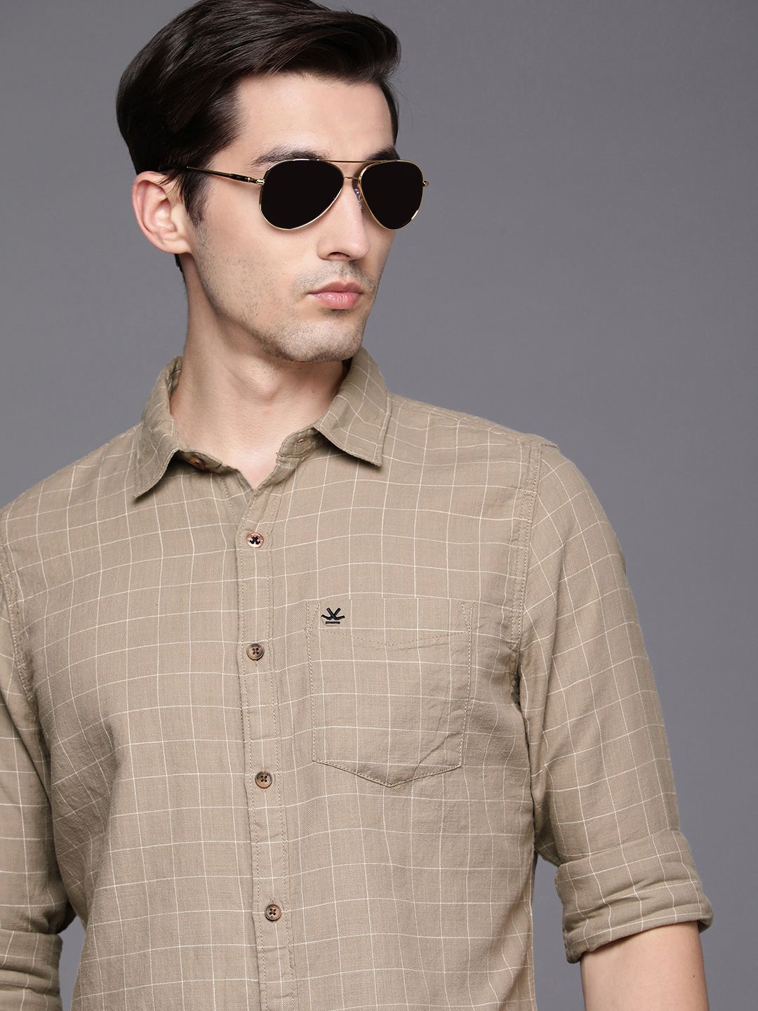 WROGN Men Khaki Slim Fit Checked Cotton Casual Shirt