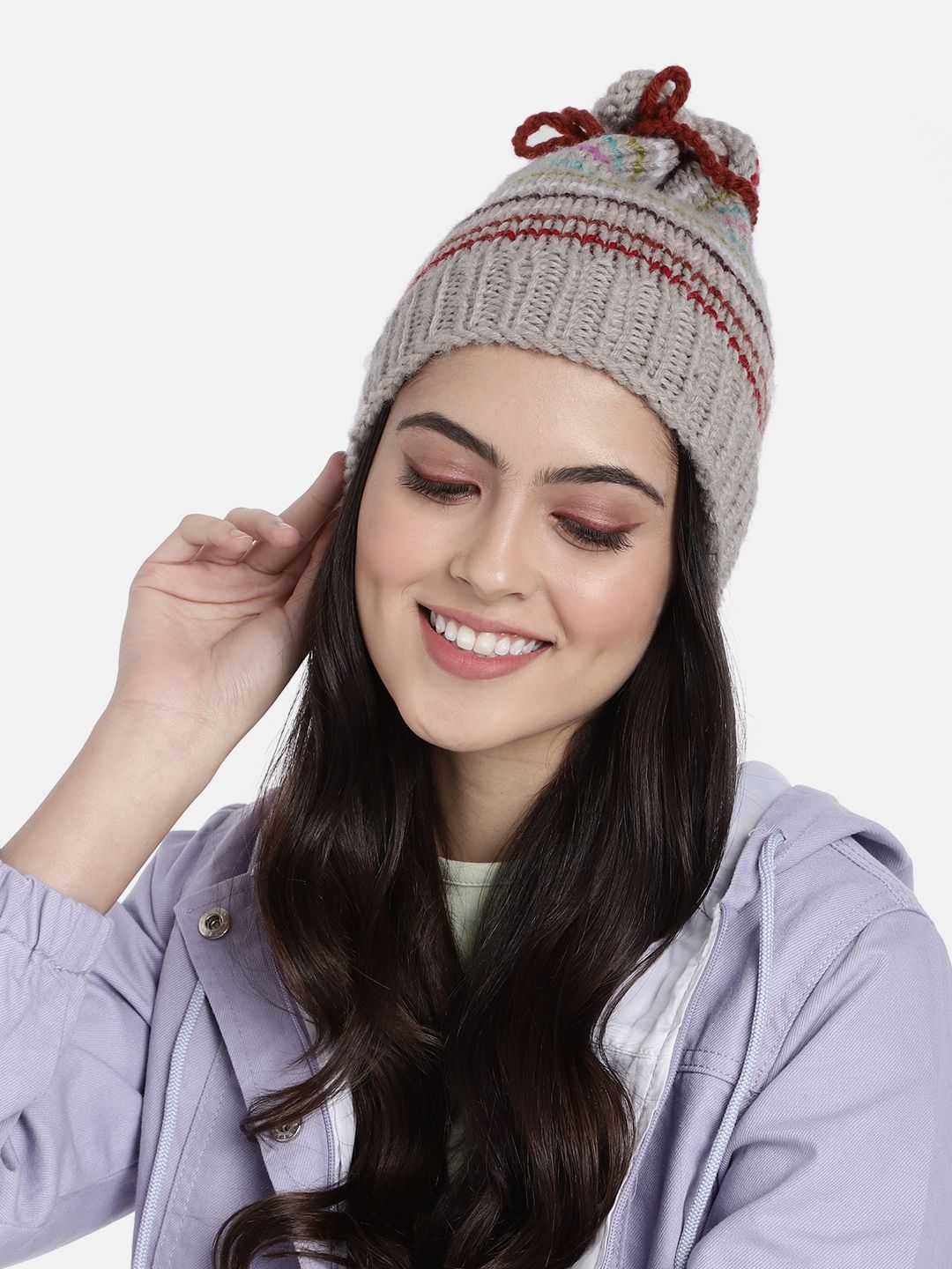 Magic Needles Women Beige & Maroon Self Design Handmade Beanie Price in India