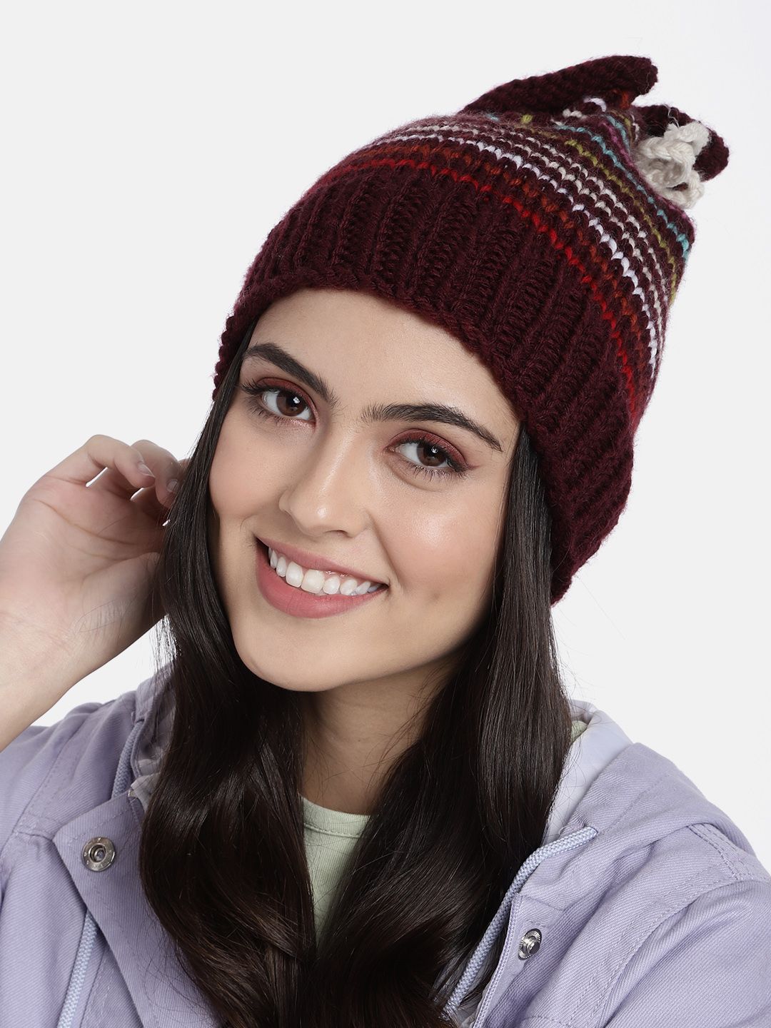 Magic Needles Women Burgundy & White Self Design Handmade Beanie Price in India