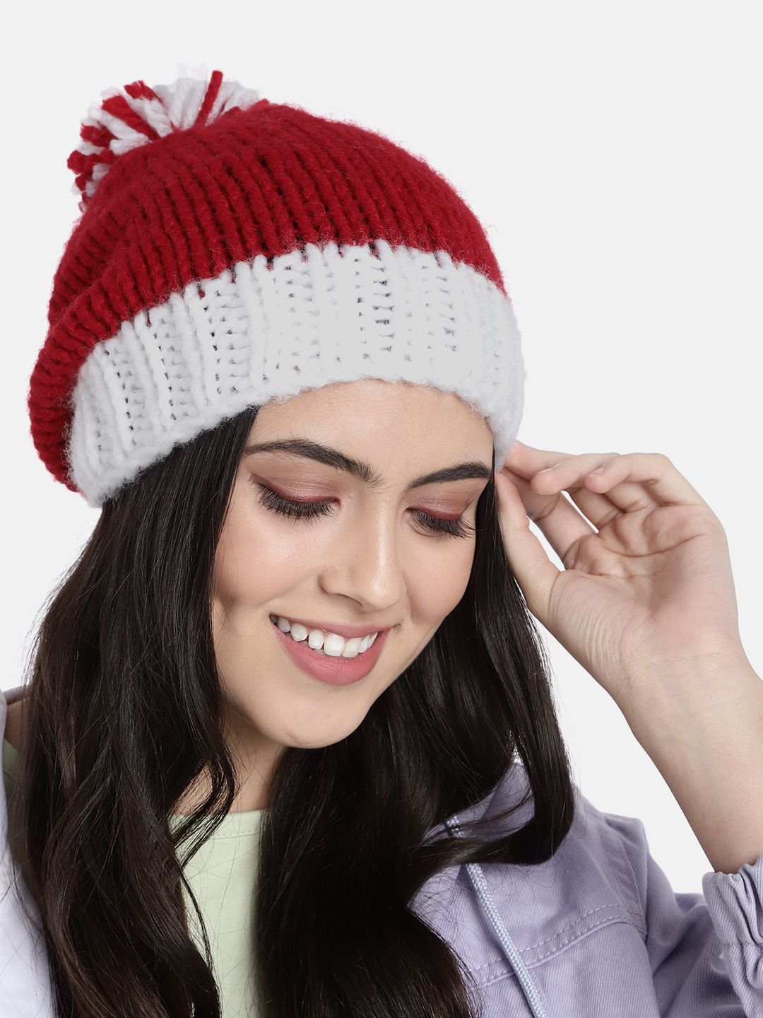 Magic Needles Women Red & White Colourblocked Pom Pom Detail Handmade Beanie Price in India