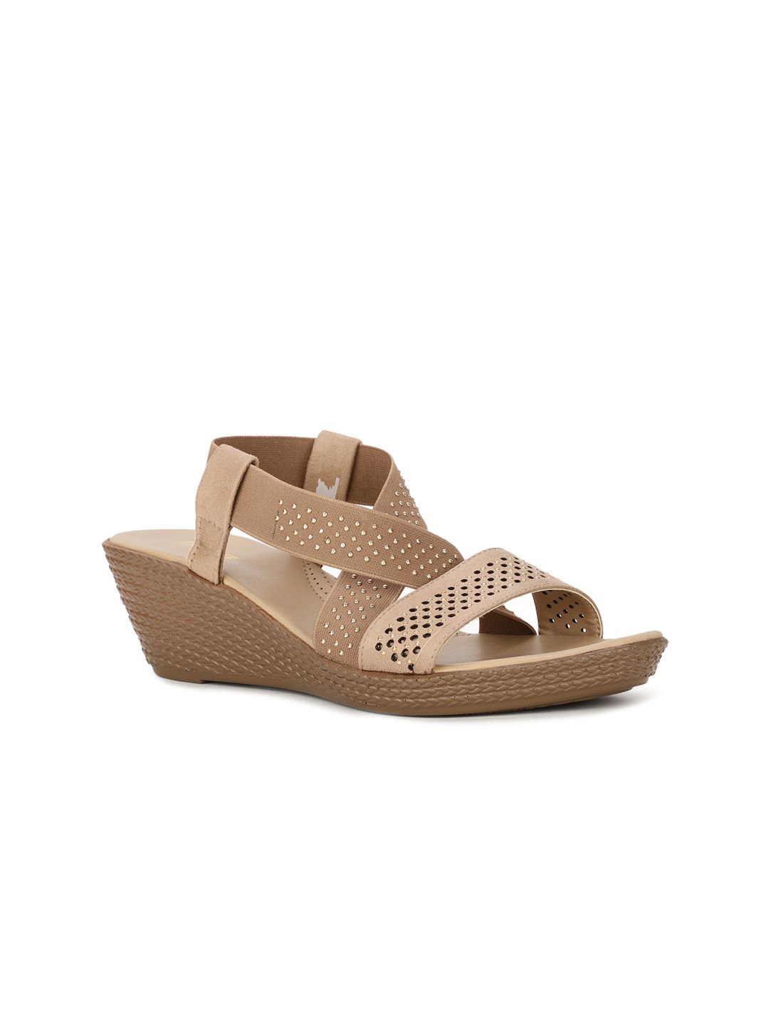 Bata Beige Textured PU Wedge Sandals with Laser Cuts Price in India