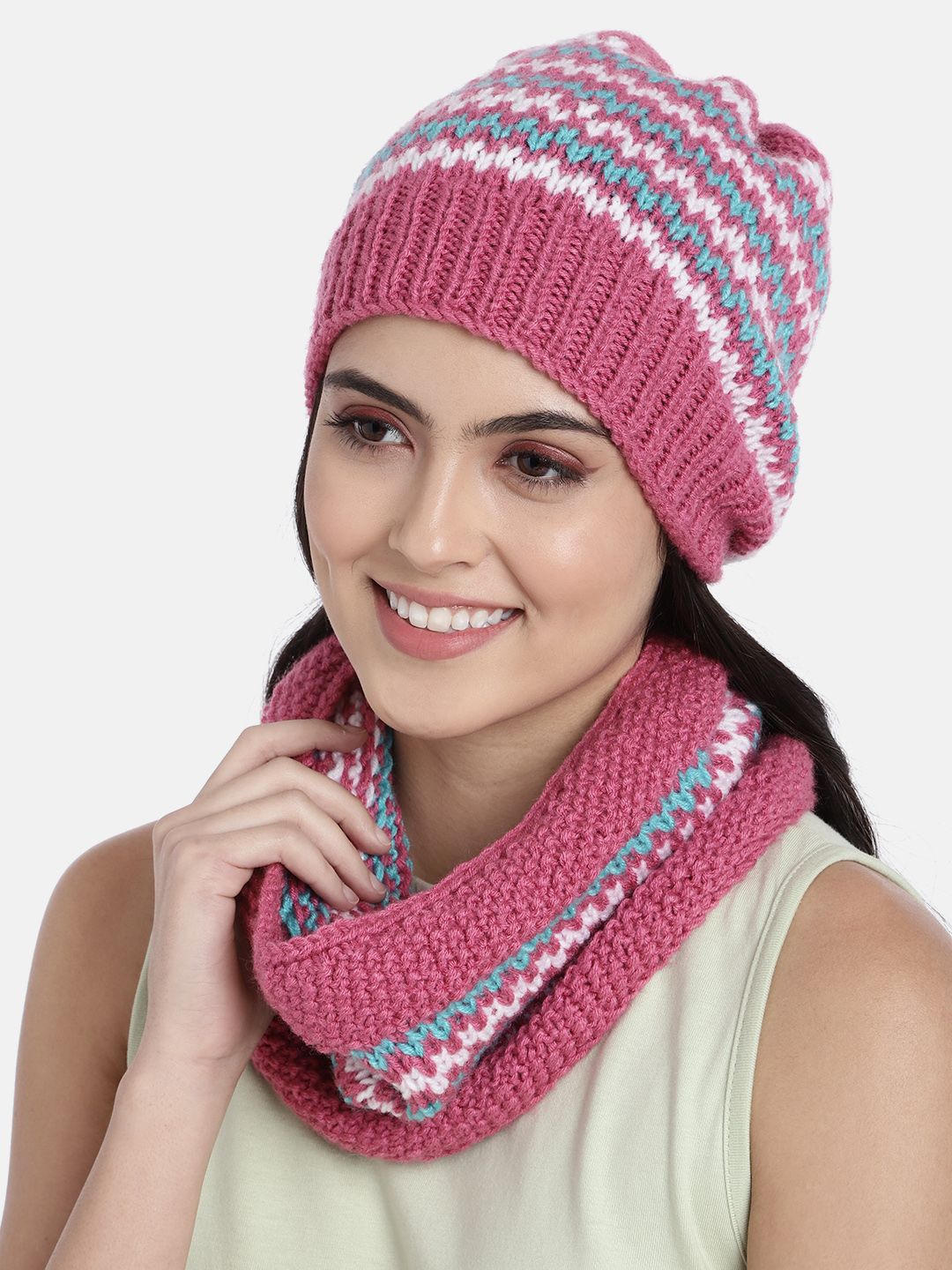 Magic Needles Women Pink & Blue Handmade Double Knit Beanie and Neckwarmer Set Price in India