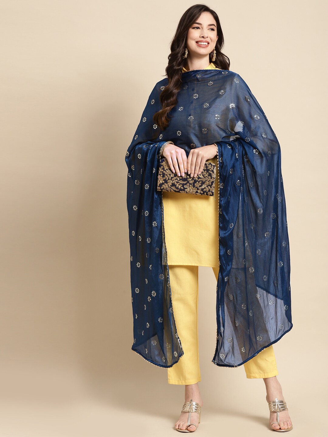 Saadgi Teal Blue & Golden Ethnic Motifs Gotta Patti Dupatta with Mukaish Price in India