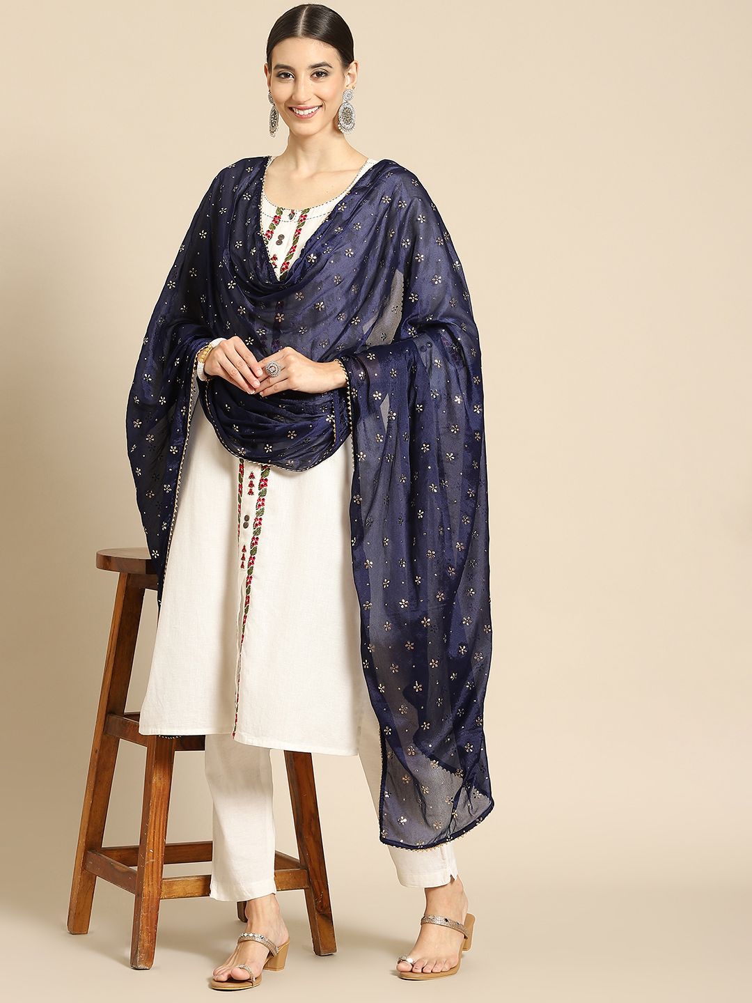 Saadgi Navy Blue & Gold-Toned Ethnic Motifs Embroidered Dupatta with Mukaish Price in India