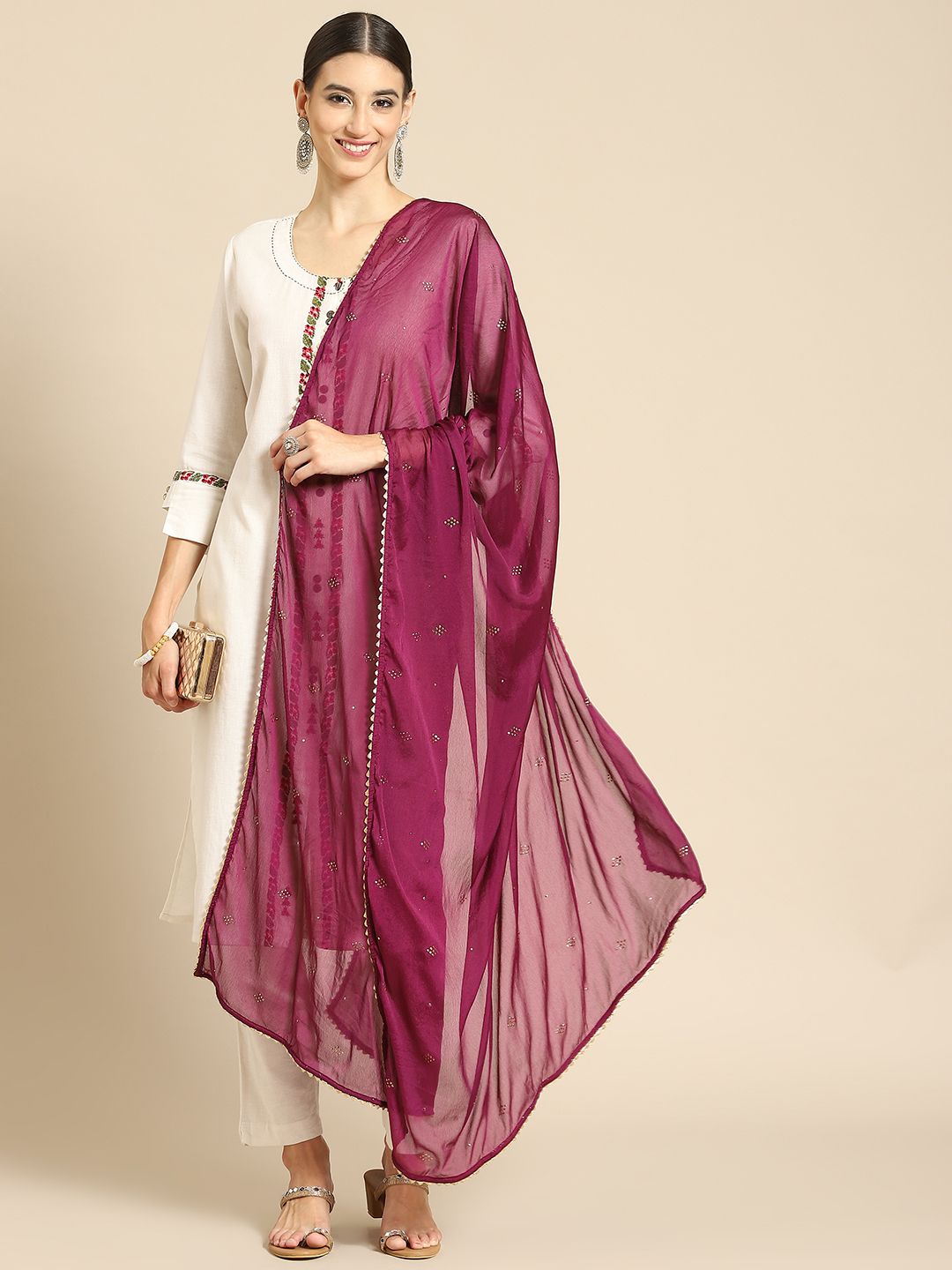 Saadgi Purple & Gold-Toned Mukaish Handwork Gotta Patti Dupatta Price in India