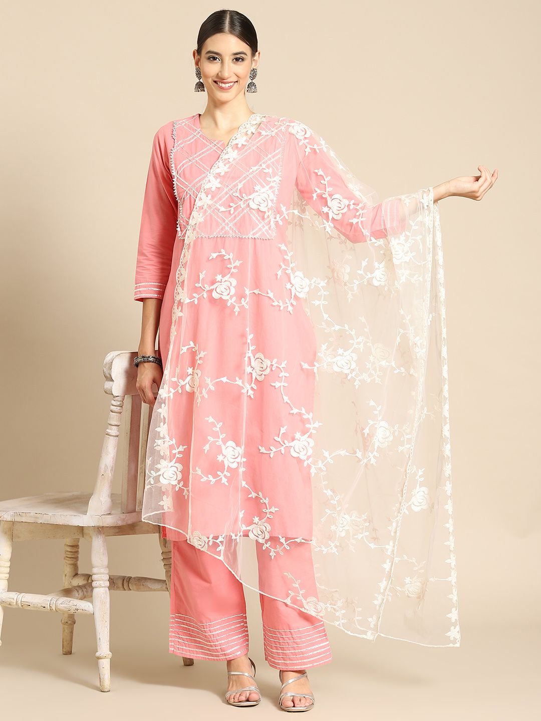 Saadgi Cream-Coloured Ethnic Motifs Embroidered Dupatta with Chikankari Price in India