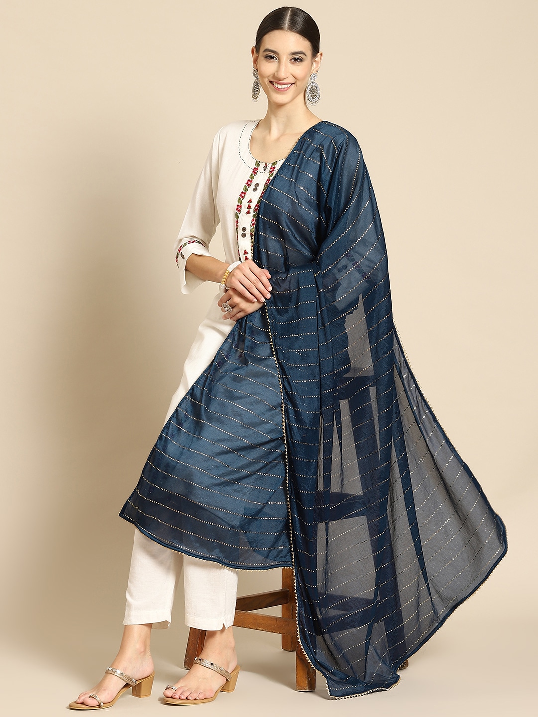 Saadgi Teal Blue & Gold-Toned Ethnic Motifs Printed Dupatta with Mukaish Price in India