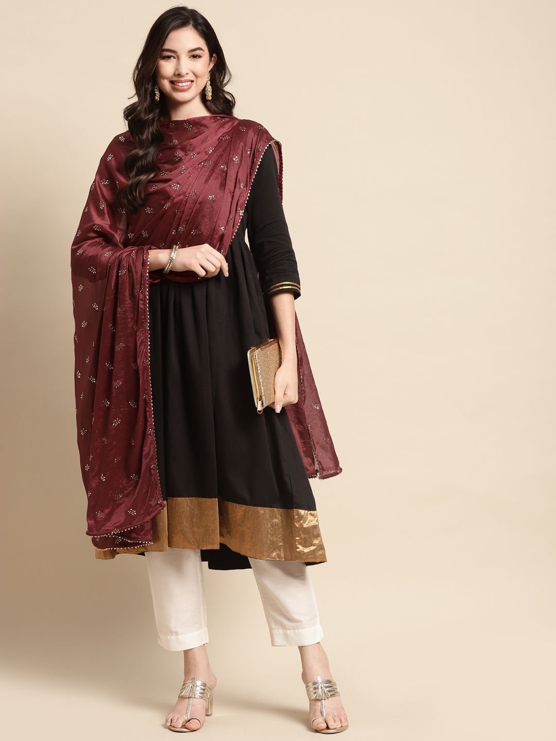 Saadgi Maroon & Gold-Toned Ethnic Motifs Dyed Dupatta with Mukaish Price in India