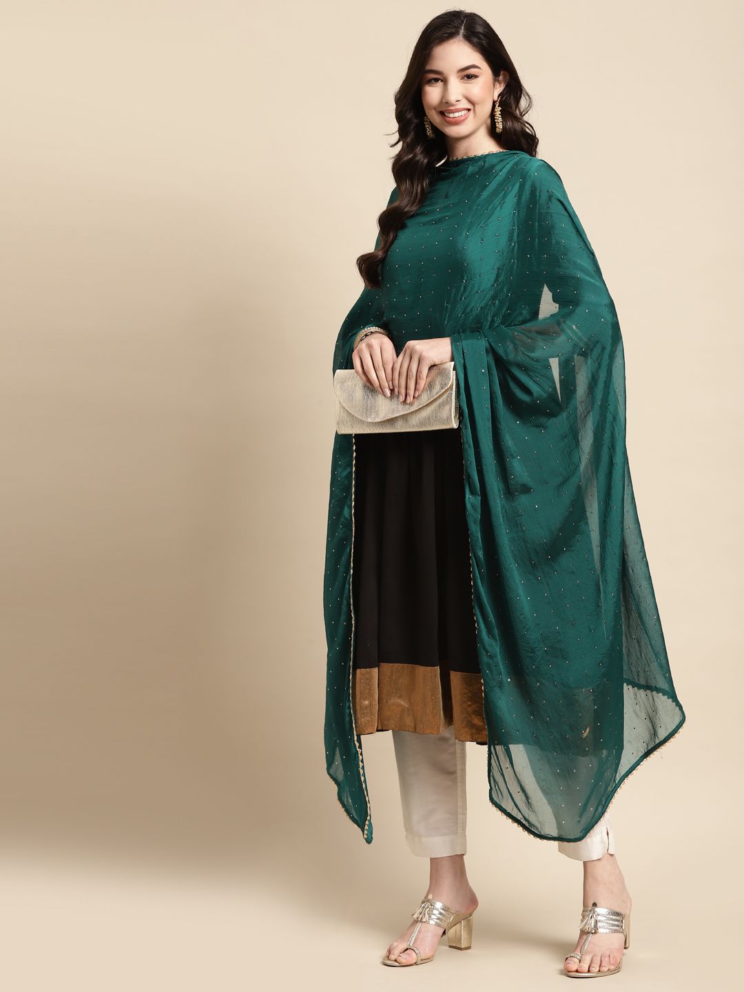 Saadgi Green & Golden Mukaish Handwork Dupatta With Gotta Patti Price in India