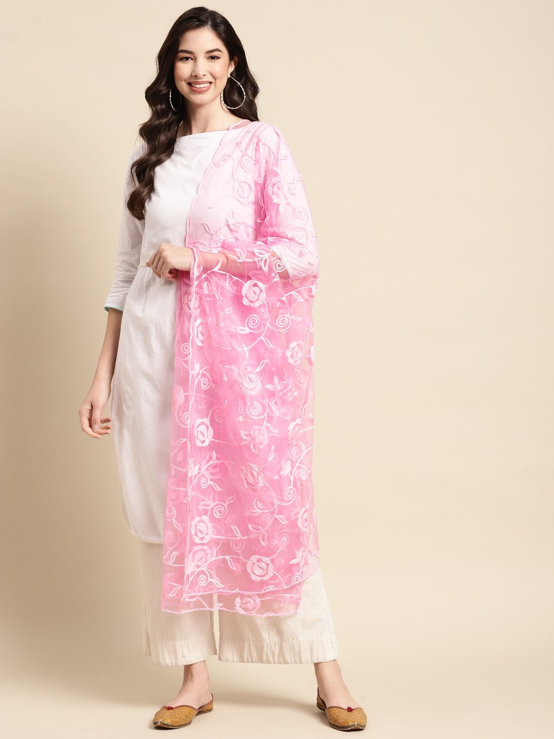 Saadgi Pink Embroidered Dupatta with Chikankari Price in India