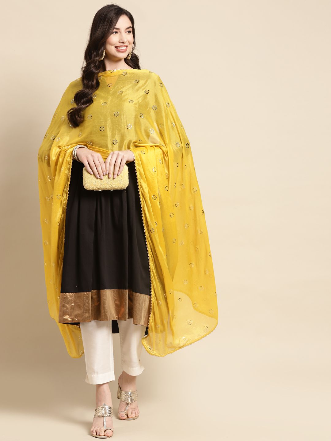 Saadgi Mustard & Golden Ethnic Motifs Gotta Patti Dupatta with Mukaish Price in India