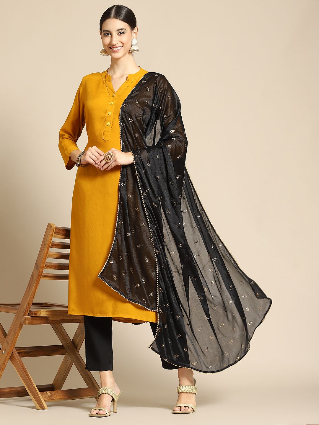 Saadgi Black & Gold-Toned Ethnic Motifs Embroidered Dupatta with Mukaish Price in India