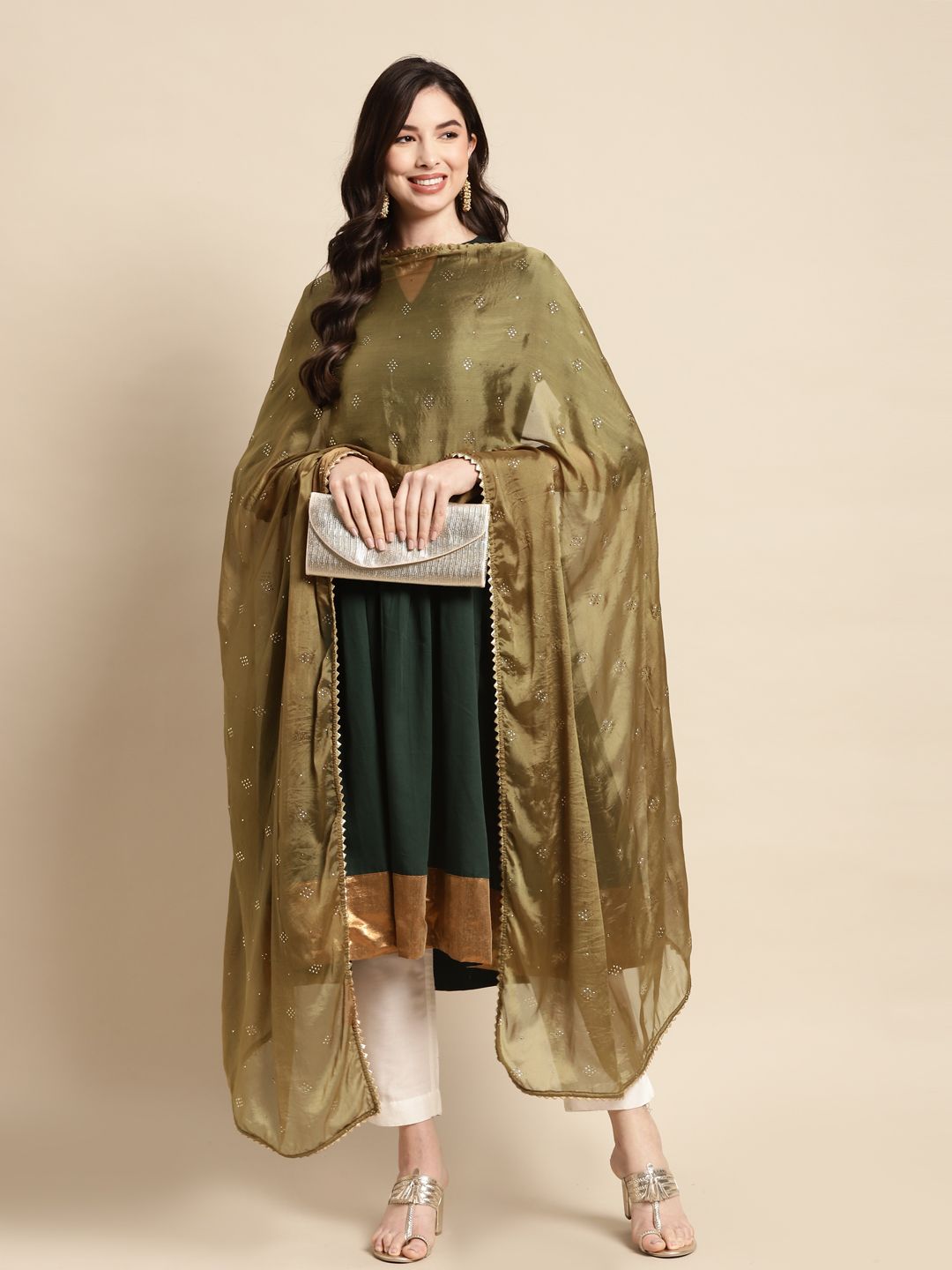 Saadgi Olive Green & Golden Mukaish Handwork Dupatta With Gotta Patti Price in India