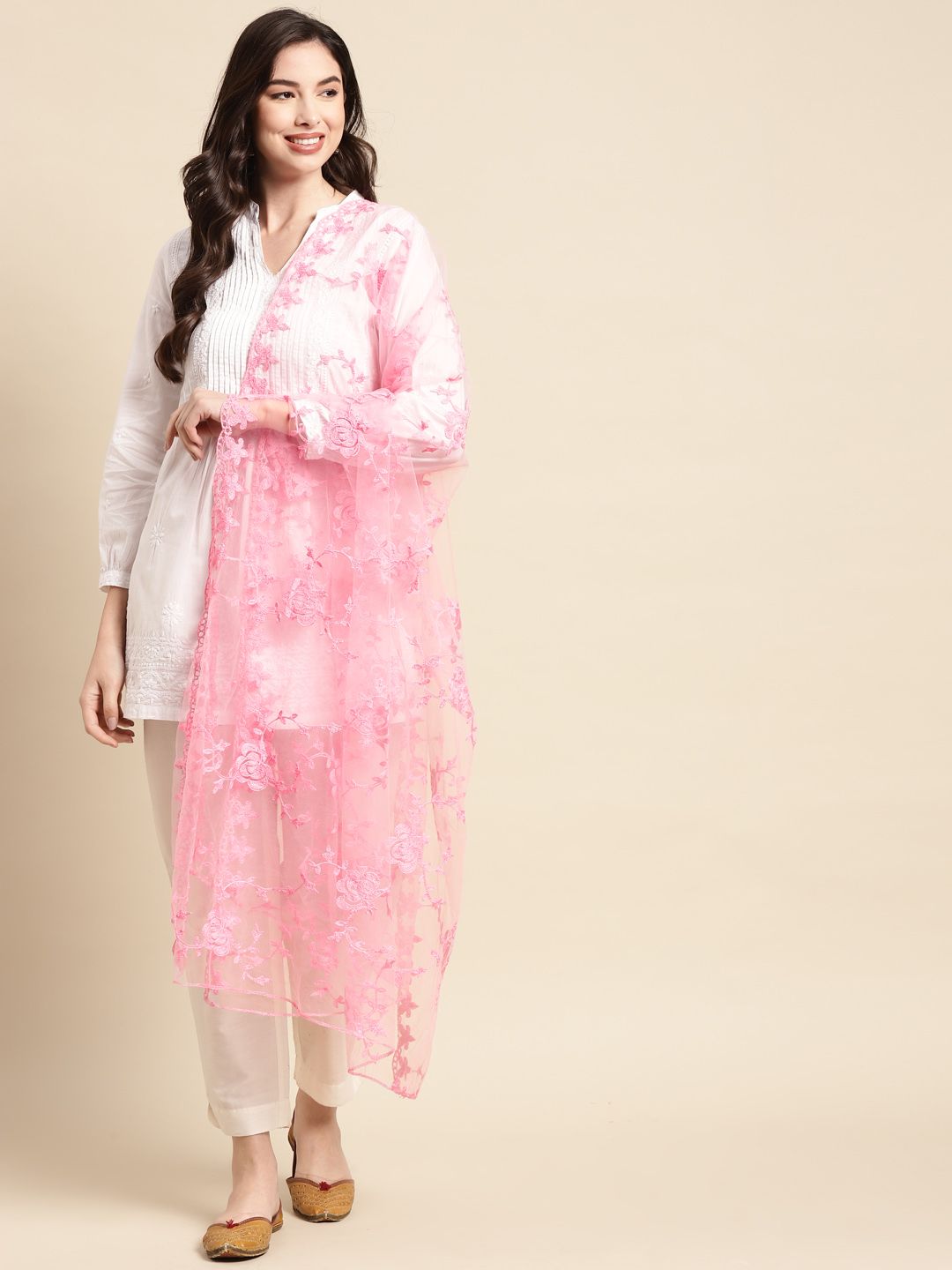 Saadgi Pink Ethnic Motifs Embroidered Dupatta with Chikankari Price in India