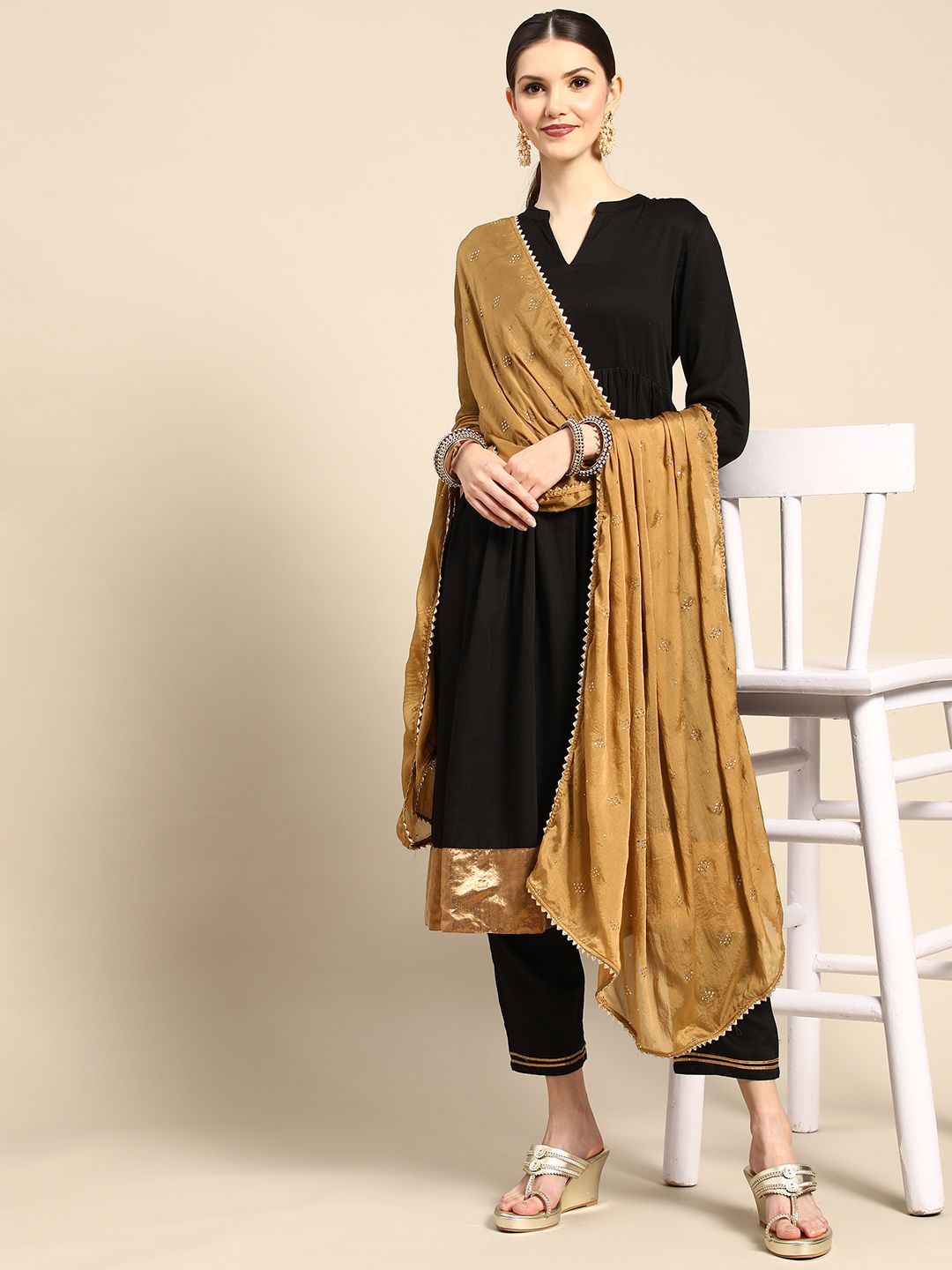 Saadgi Beige & Golden Mukaish Work Gotta Patti Dupatta Price in India