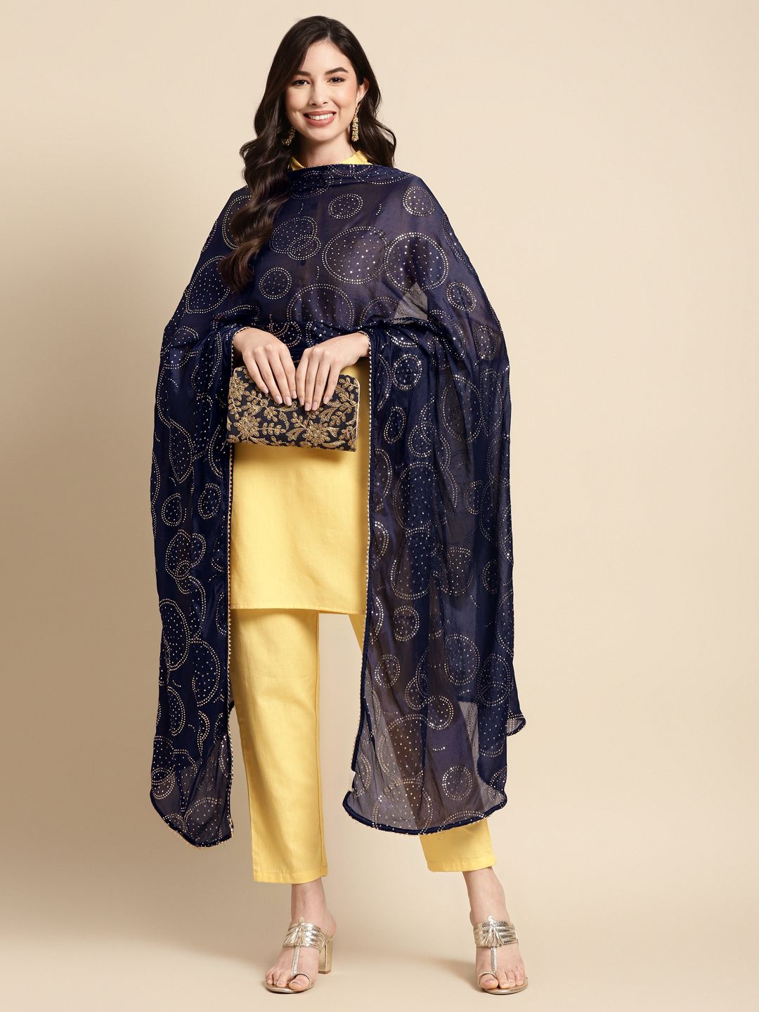 Saadgi Navy Blue & Golden Ethnic Motifs Gotta Patti Dupatta with Mukaish Price in India