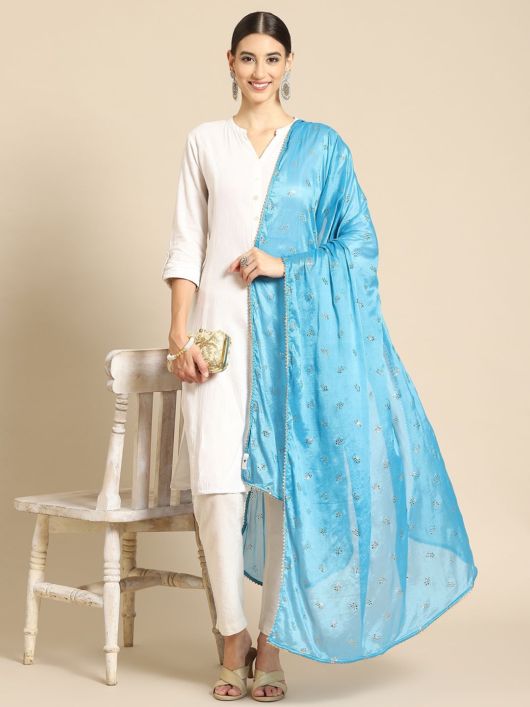 Saadgi Turquoise Blue & Golden Ethnic Motifs Gotta Patti Dupatta with Mukaish Price in India