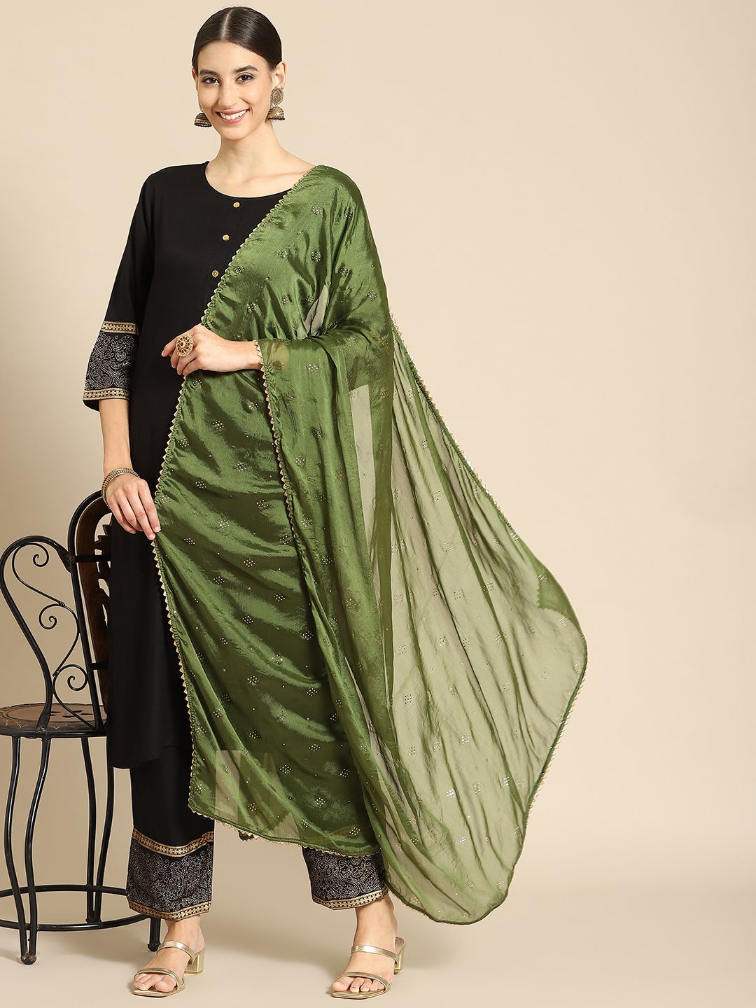 Saadgi Olive Green & Golden Mukaish Handwork Gotta Patti Dupatta Price in India