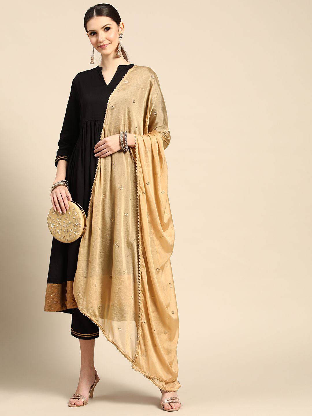 Saadgi Beige & Golden Geometric Mukaish Work Gotta Patti Dupatta Price in India