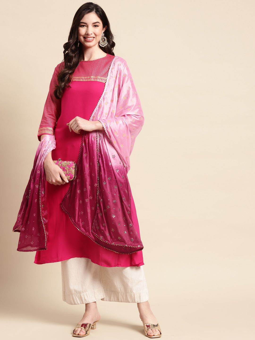 Saadgi Pink & Golden Ethnic Motifs Gotta Patti Ombre Dupatta with Mukaish Price in India