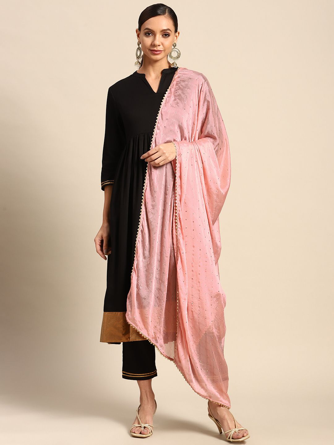 Saadgi Coral & Golden Mukaish Handwork Gotta Patti Dupatta