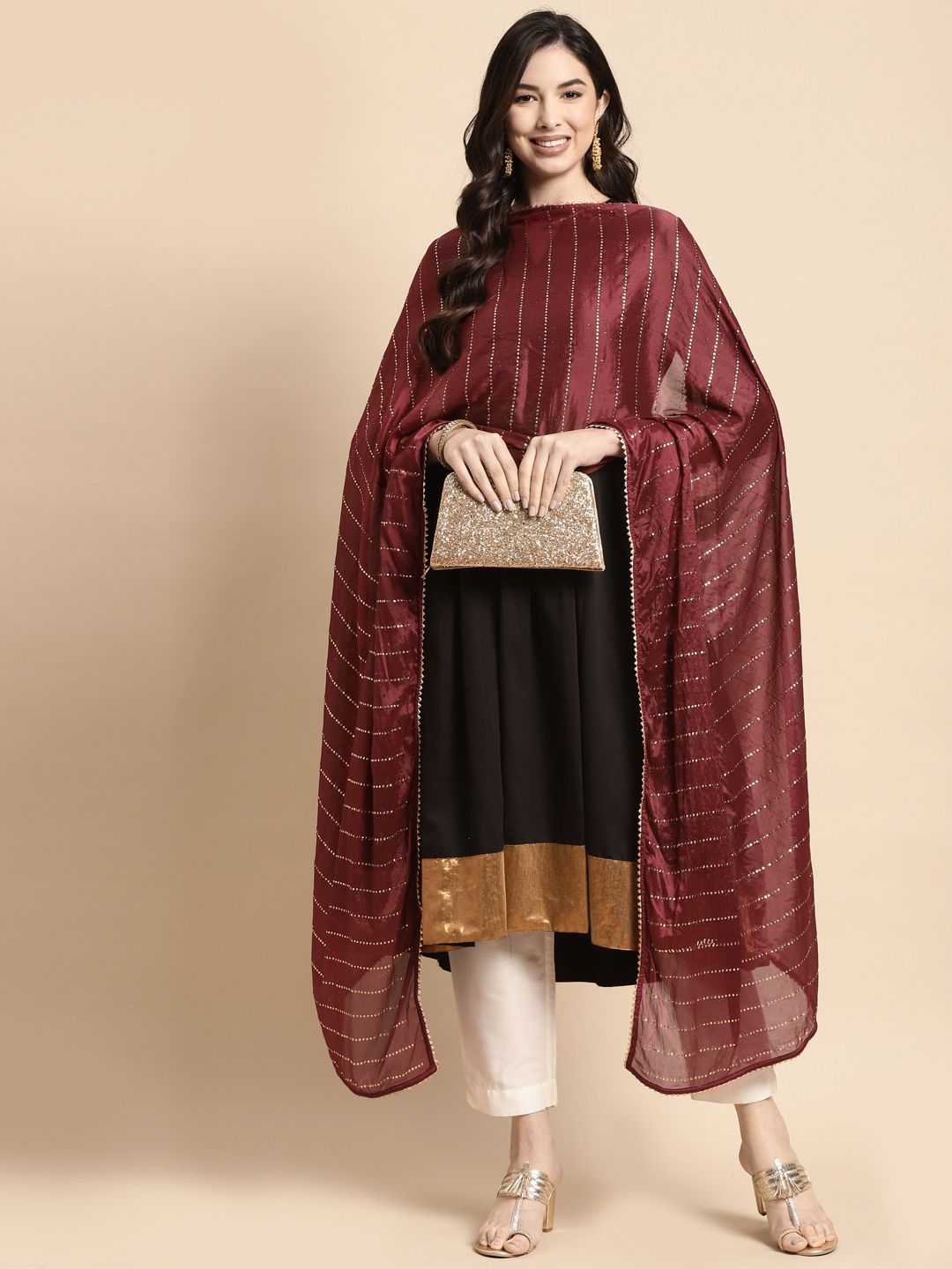 Saadgi Maroon & Golden Printed Gotta Patti Dupatta with Mukaish Price in India