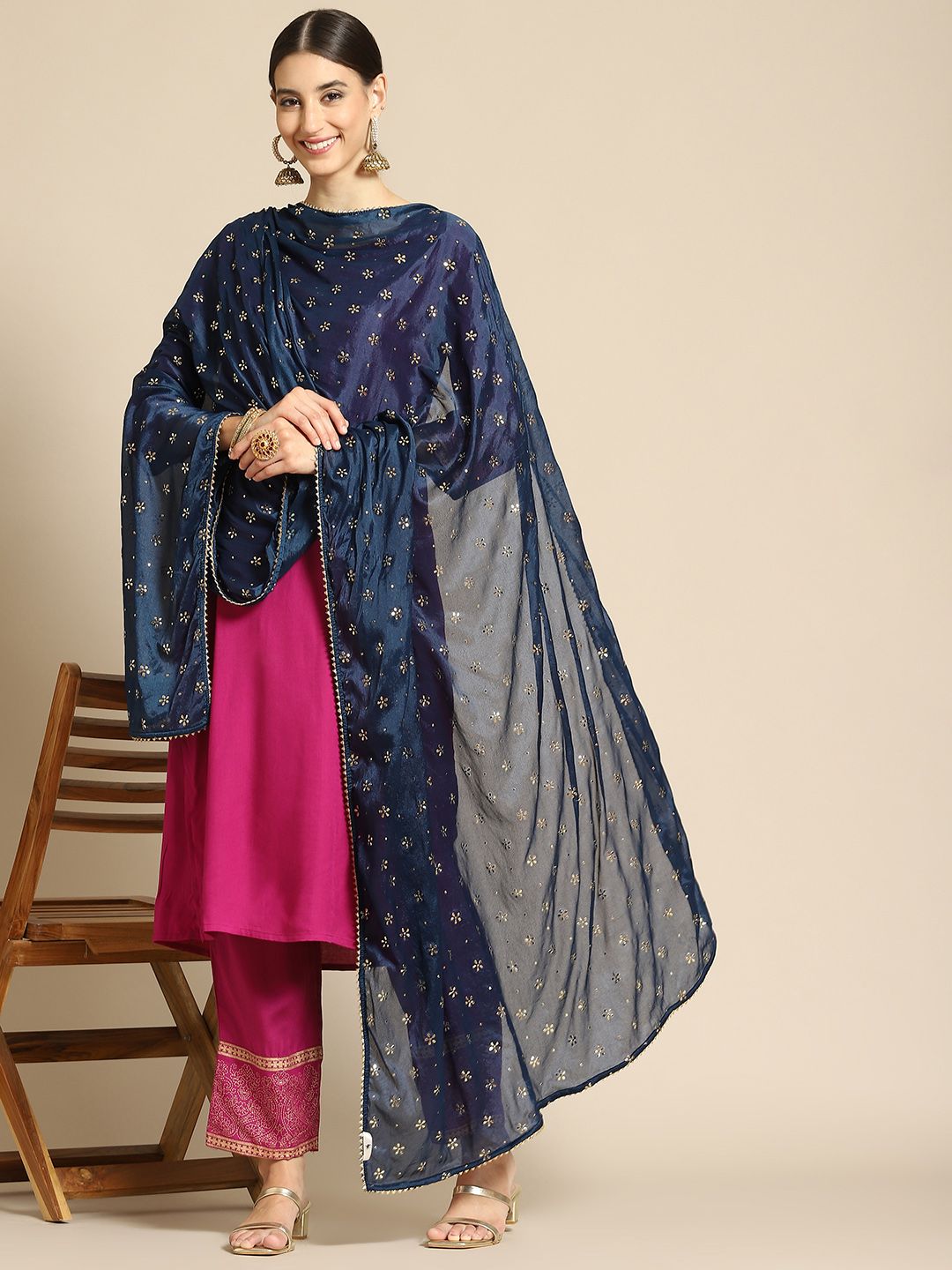 Saadgi Teal Blue & Golden Ethnic Motifs Gotta Patti Dupatta with Mukaish Price in India