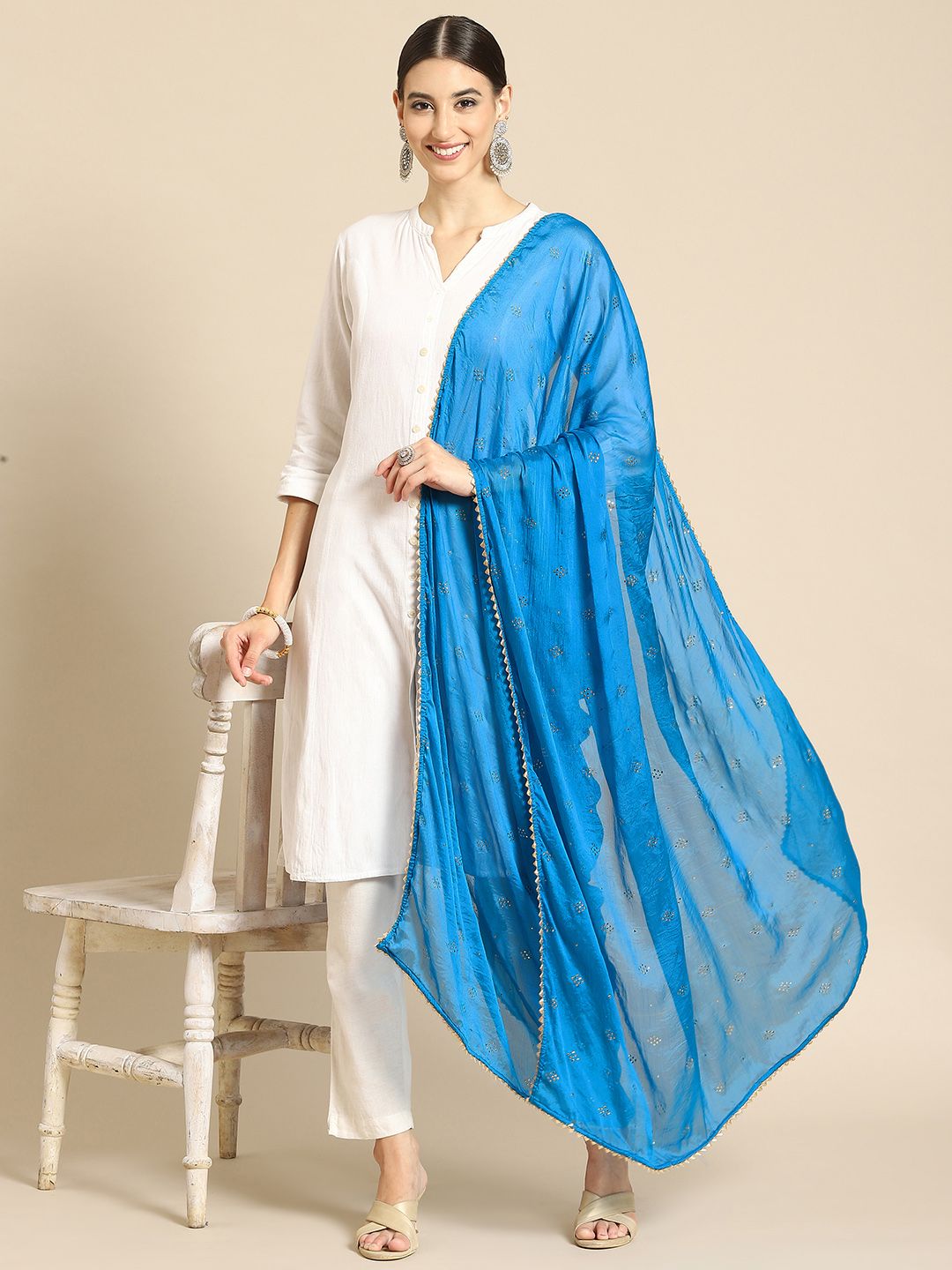 Saadgi Blue & Gold-Toned Mukaish Handwork Gotta Patti Dupatta Price in India