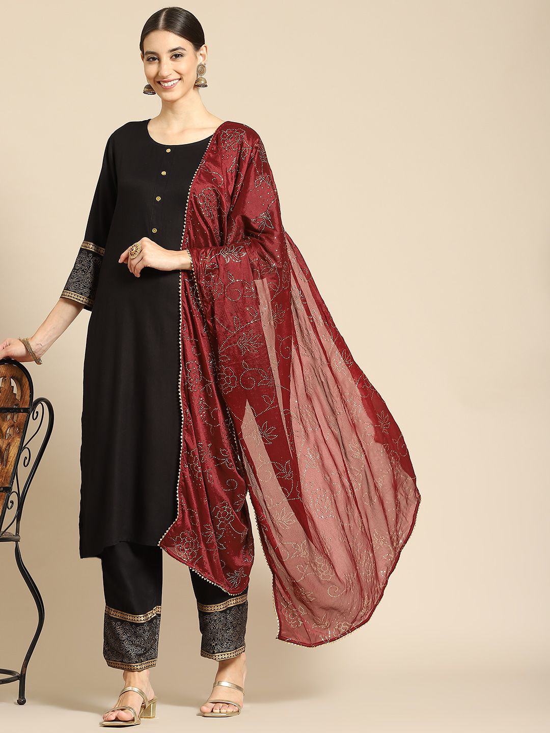 Saadgi Maroon & Gold-Toned Ethnic Motifs Woven Design Dupatta with Mukaish Price in India