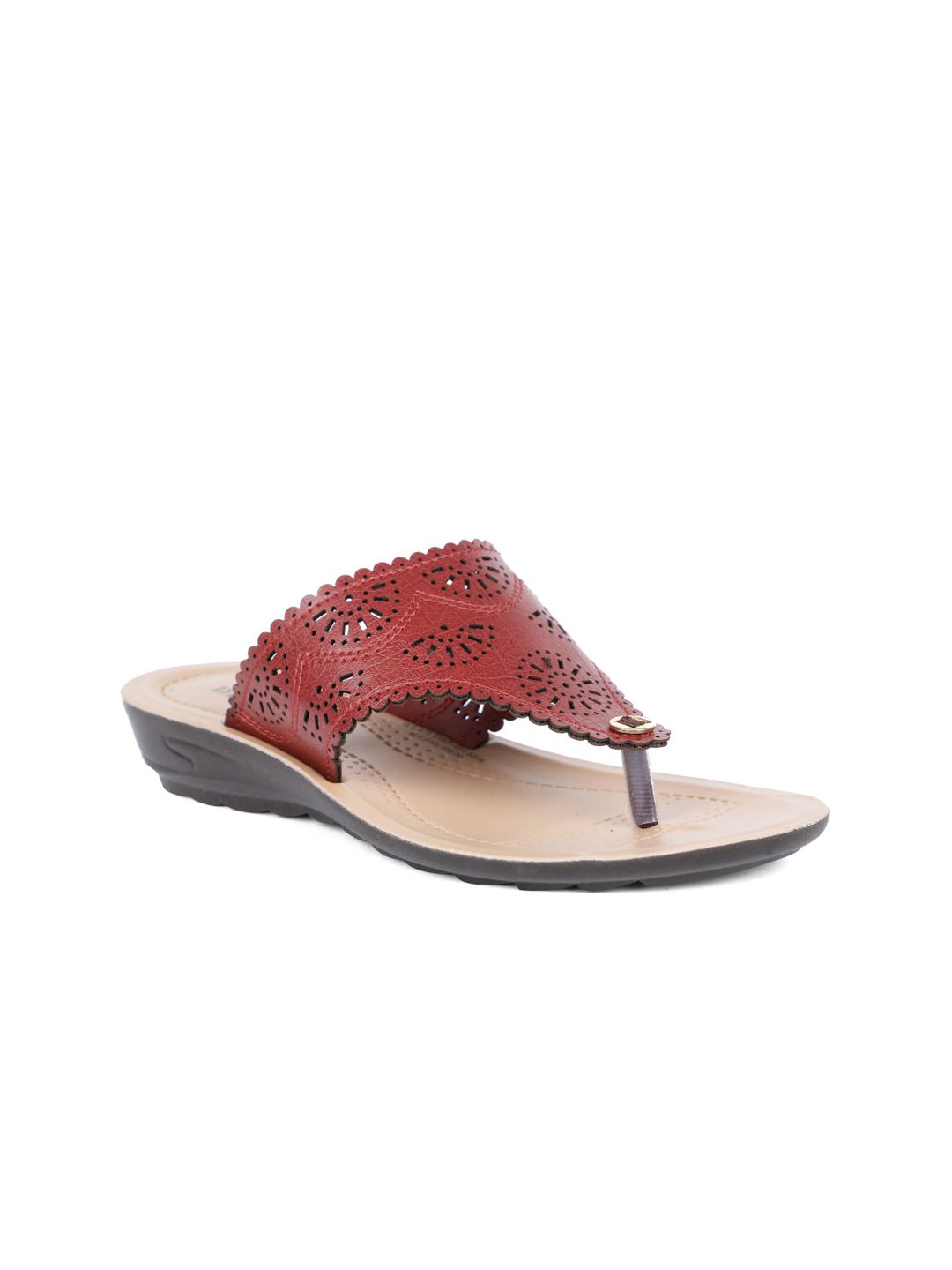 Bata Women Maroon Open Toe Flats with Laser Cuts Price in India