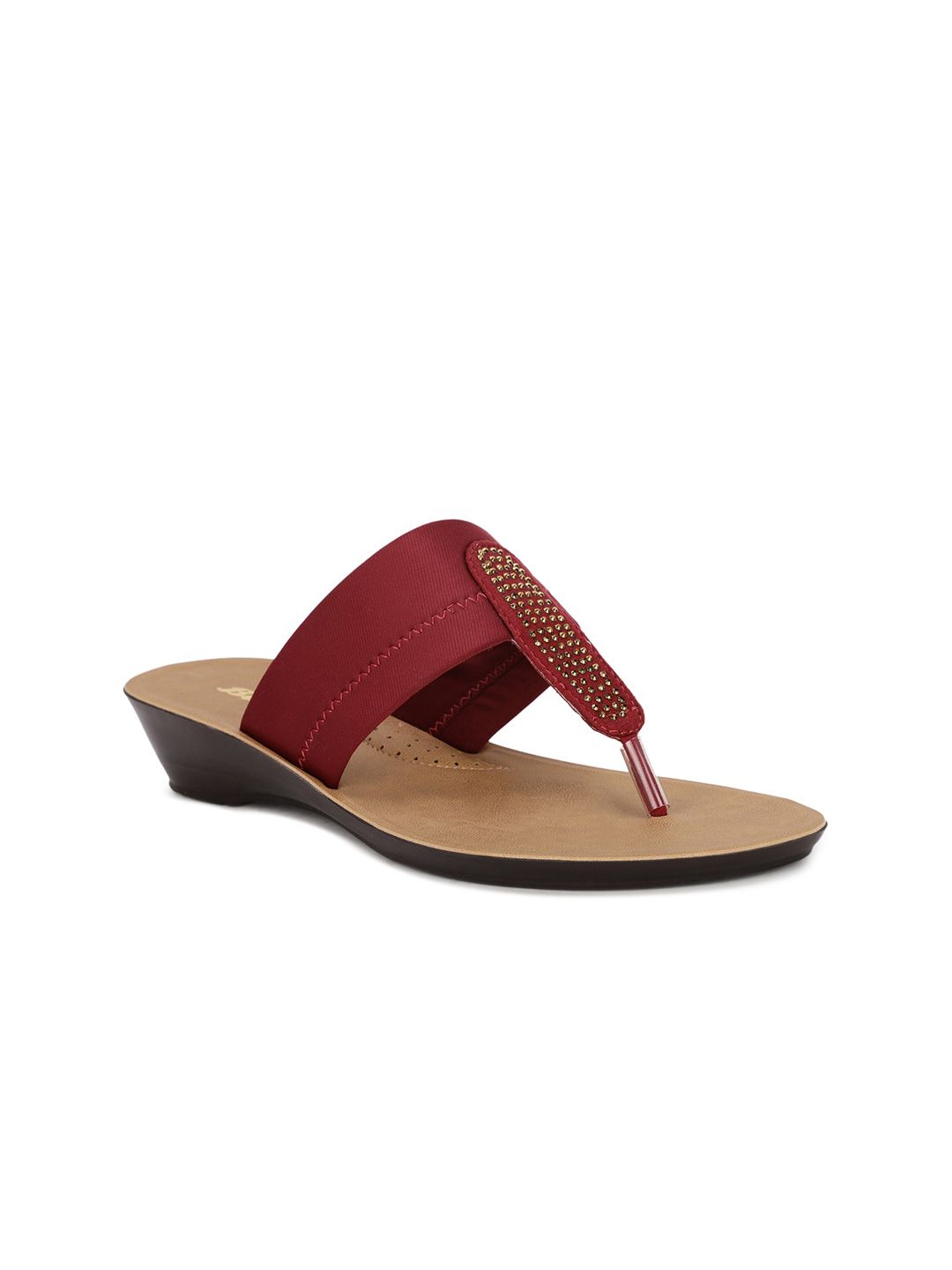 Bata Women Maroon Embellished T-Strap Flats Price in India