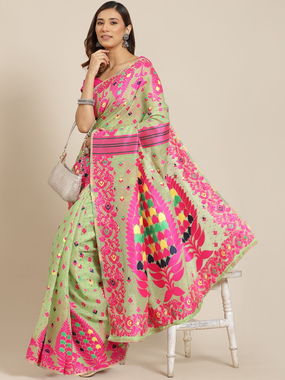 Silk Land Green & Pink Ethnic Motifs Pure Cotton Jamdani Saree
