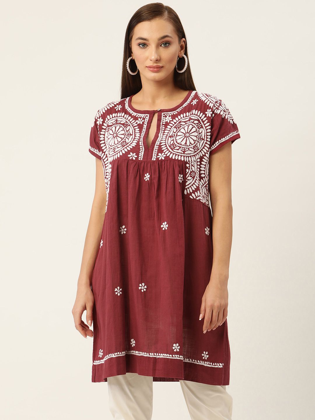 HOUSE OF KARI Maroon Cotton Embroidered Tunic Price in India
