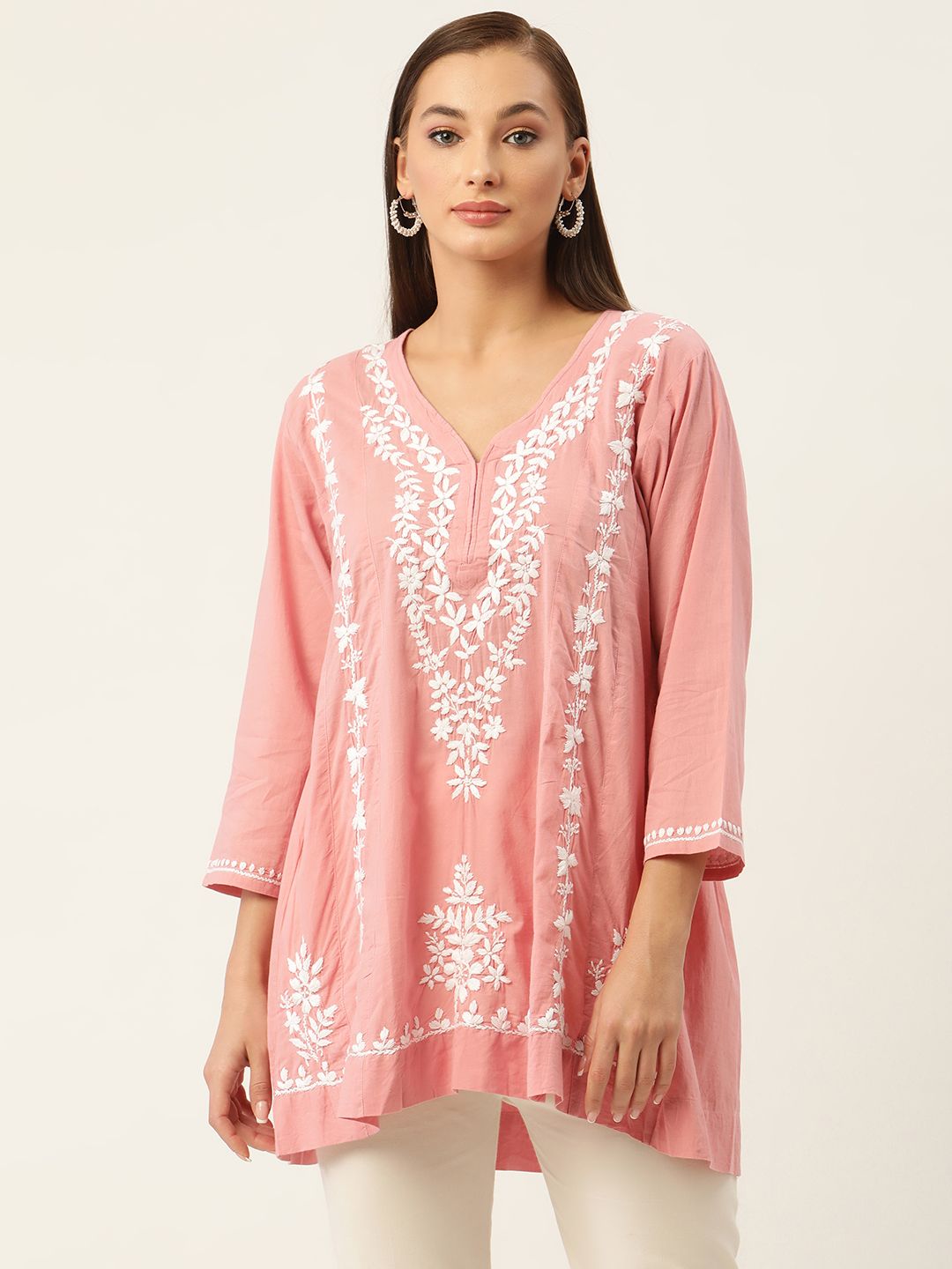 HOUSE OF KARI Pink & White Chikankari Embroidered Tunic Price in India