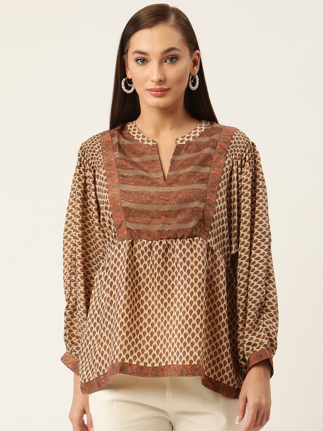 HOUSE OF KARI Brown & Beige Mandarin Collar Printed Tunic Price in India