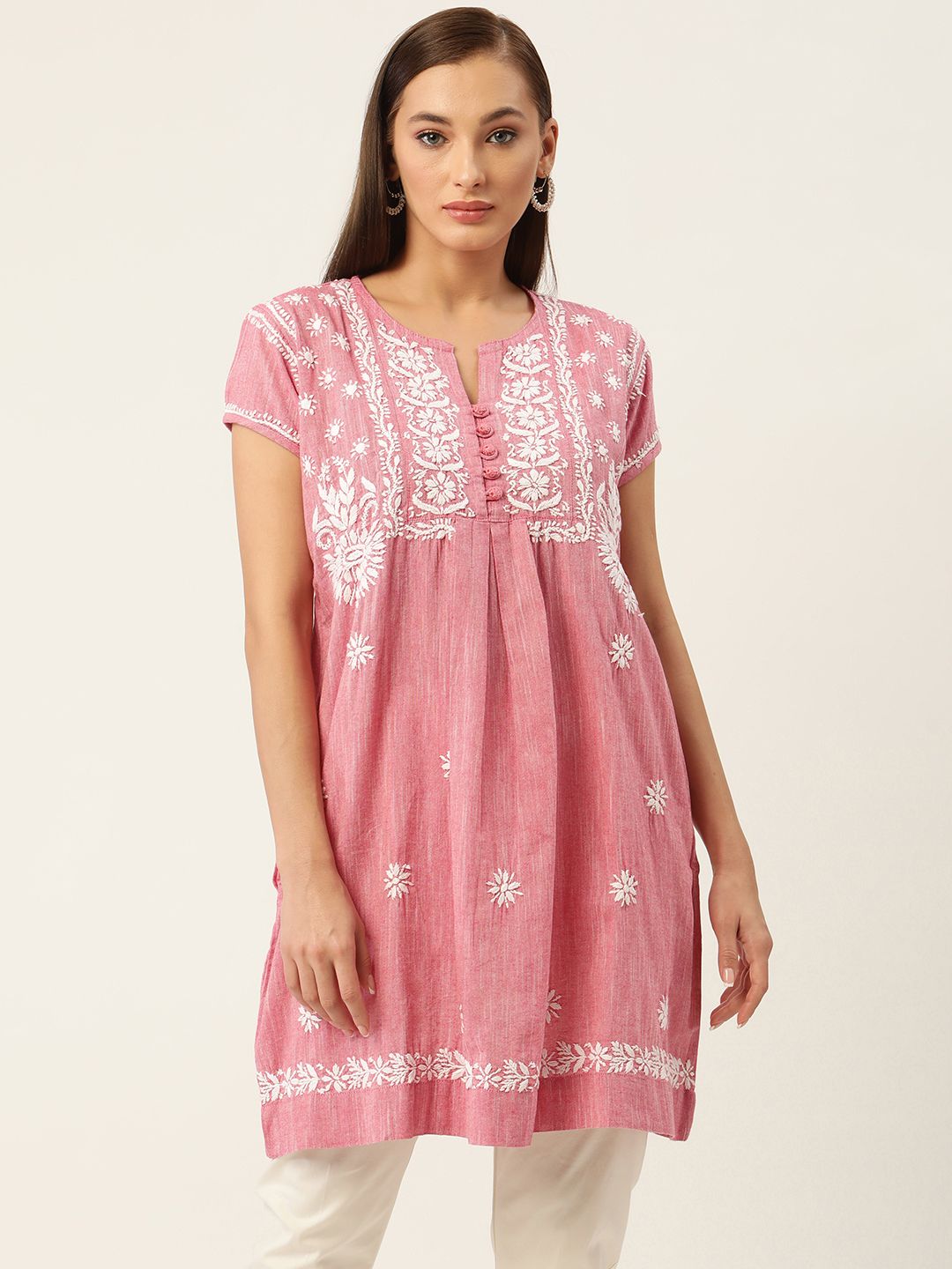 HOUSE OF KARI Pink & White Cotton Chikankari Embroidered Tunic Price in India