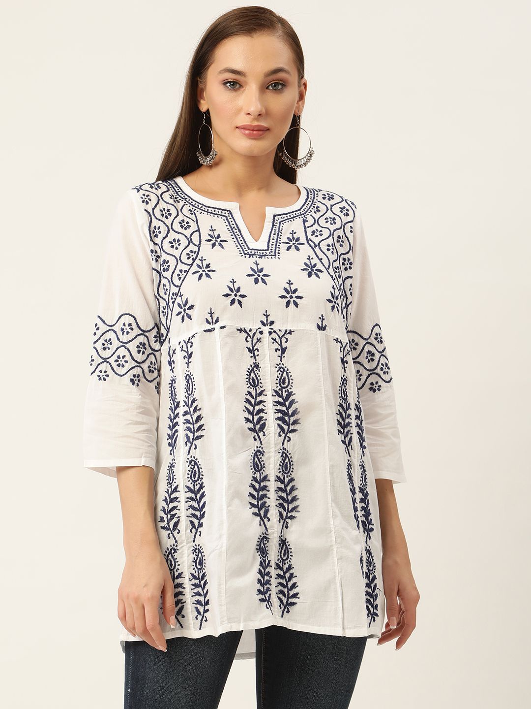 HOUSE OF KARI White & Blue Chikankari Embroidered Tunic Price in India