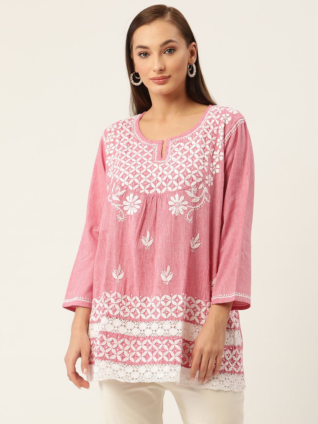 HOUSE OF KARI Pink & White Chikankari Embroidered Tunic Price in India