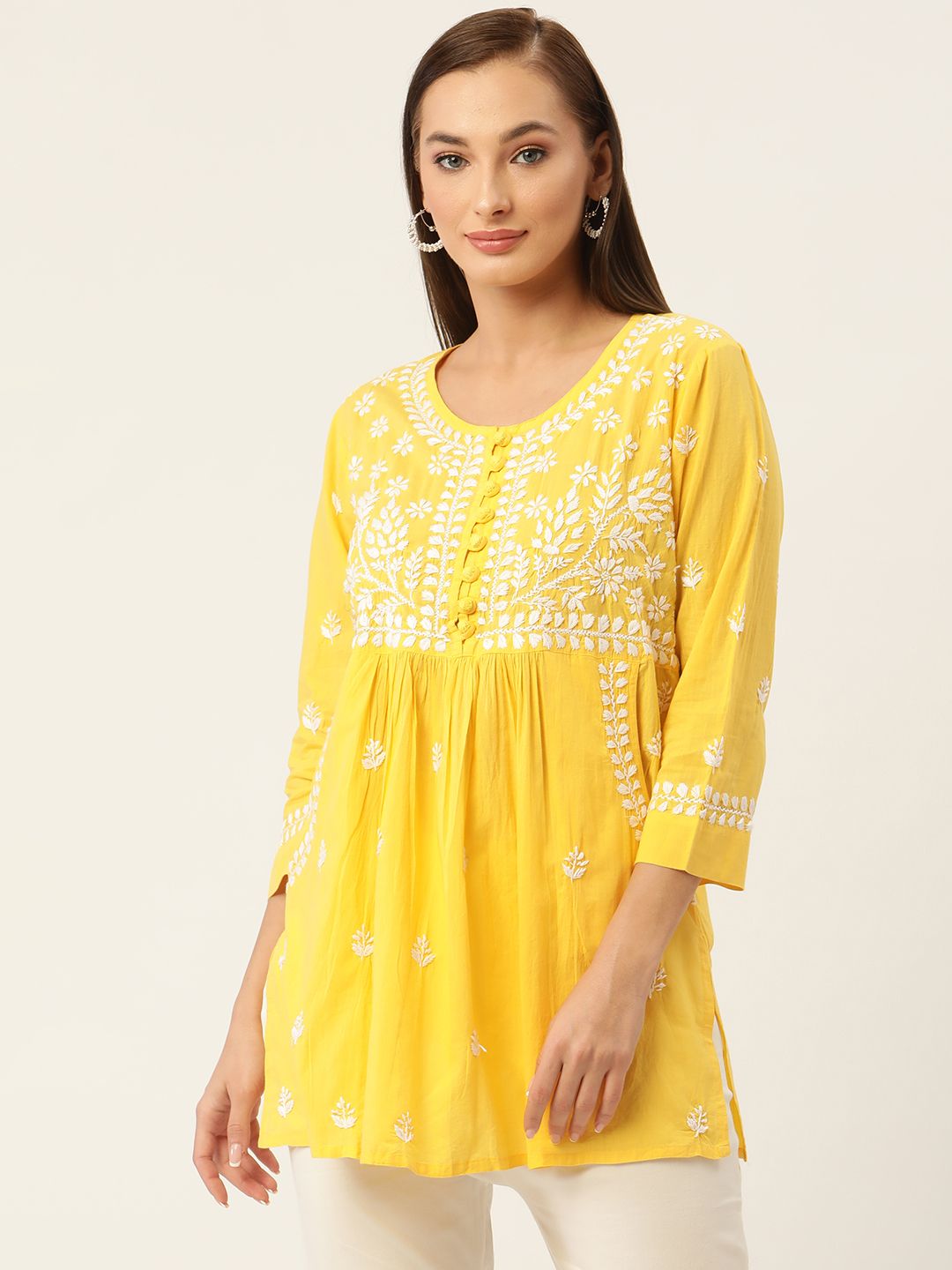 HOUSE OF KARI Yellow & White Chikankari Embroidered Tunic Price in India