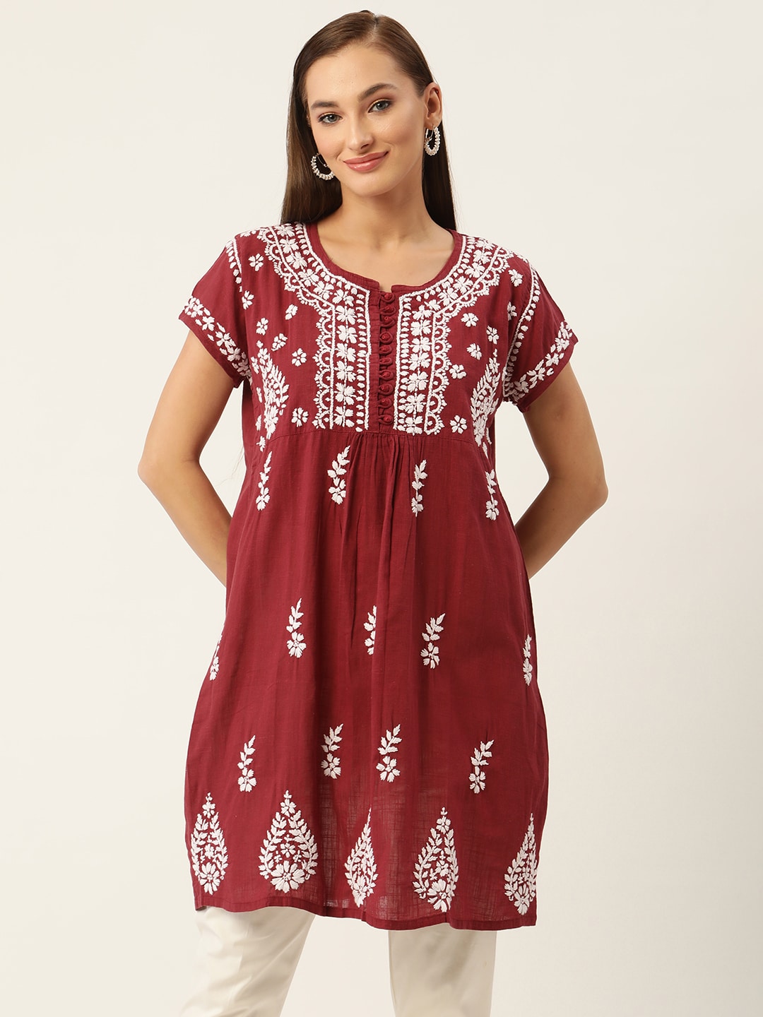 HOUSE OF KARI Maroon & White Embroidered Tunic Price in India
