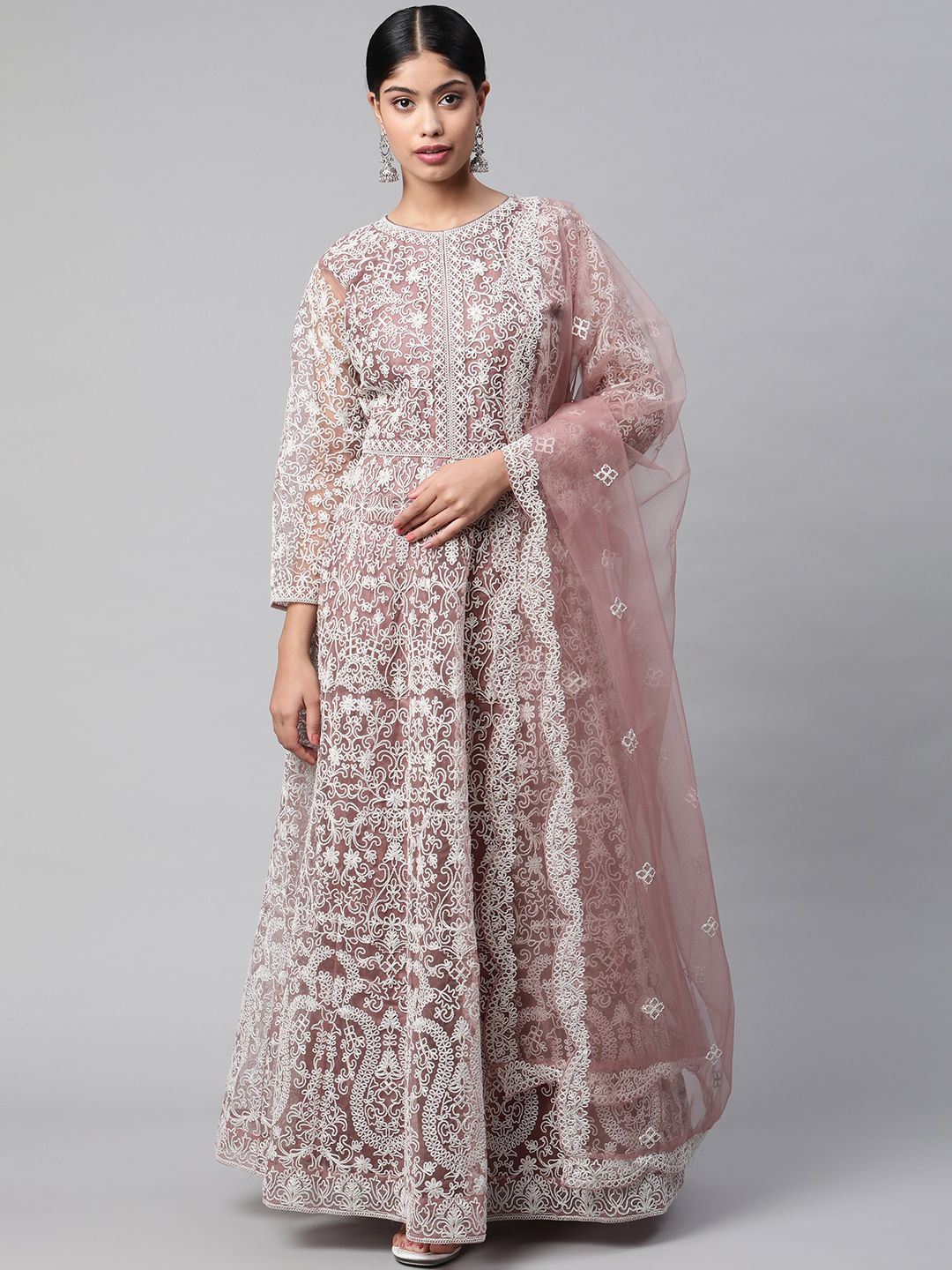 Readiprint Fashions Mauve & Off White Embroidered Semi-Stitched Dress Material Price in India