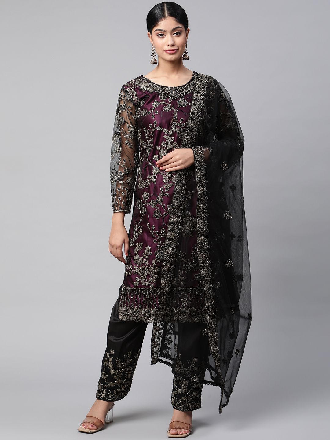 Readiprint Fashions Violet & Gold-Toned Embroidered Semi-Stitched Dress Material Price in India