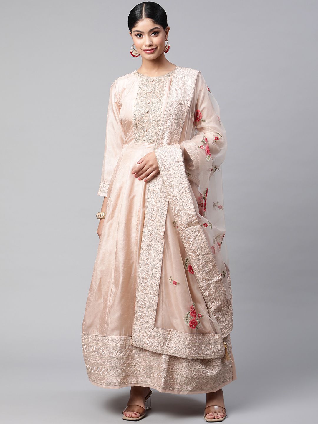 Readiprint Fashions Peach-Coloured & Pink Embroidered Semi-Stitched Dress Material Price in India