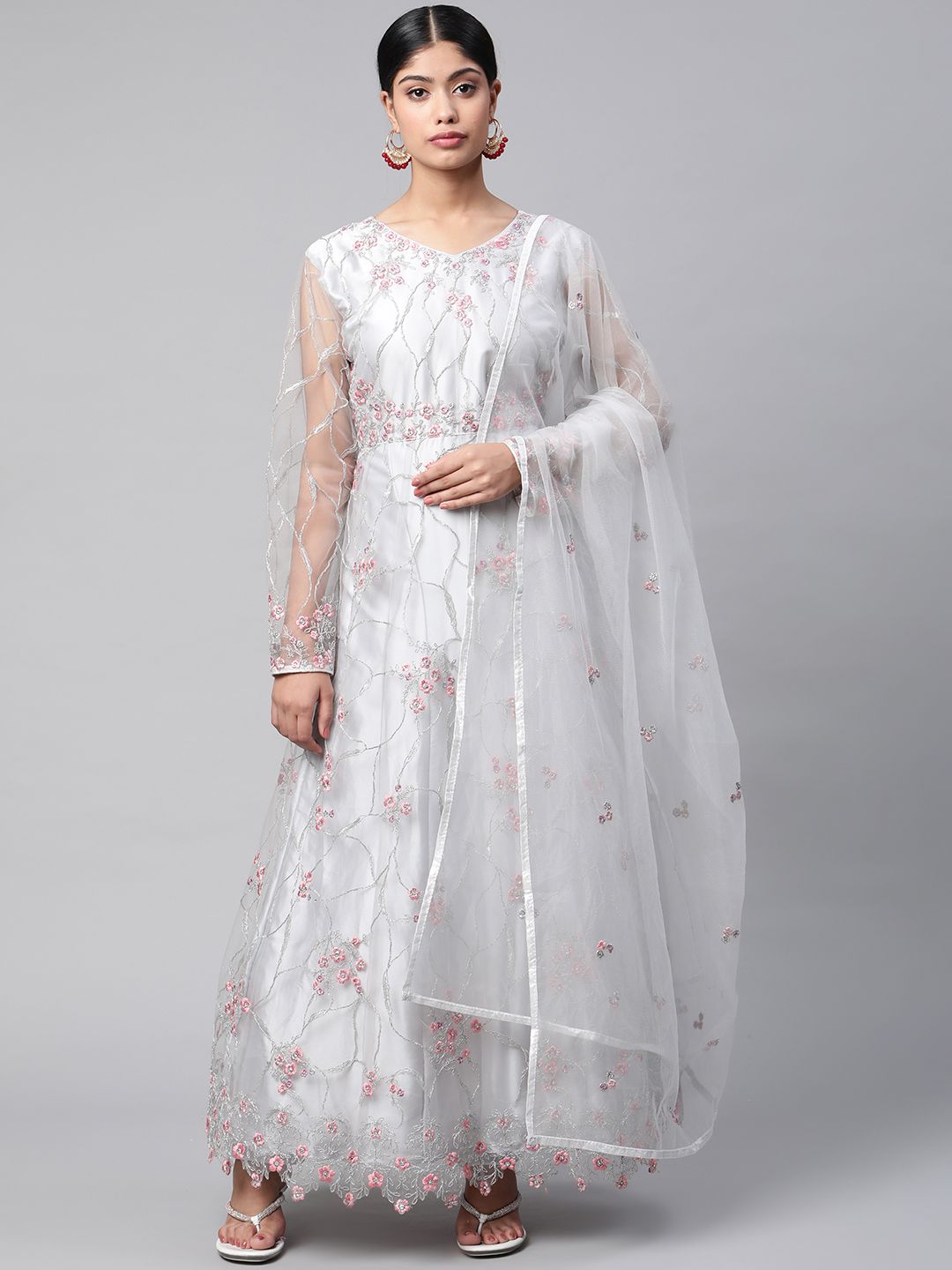 Readiprint Fashions Grey & Peach-Coloured Embroidered Semi-Stitched Dress Material Price in India