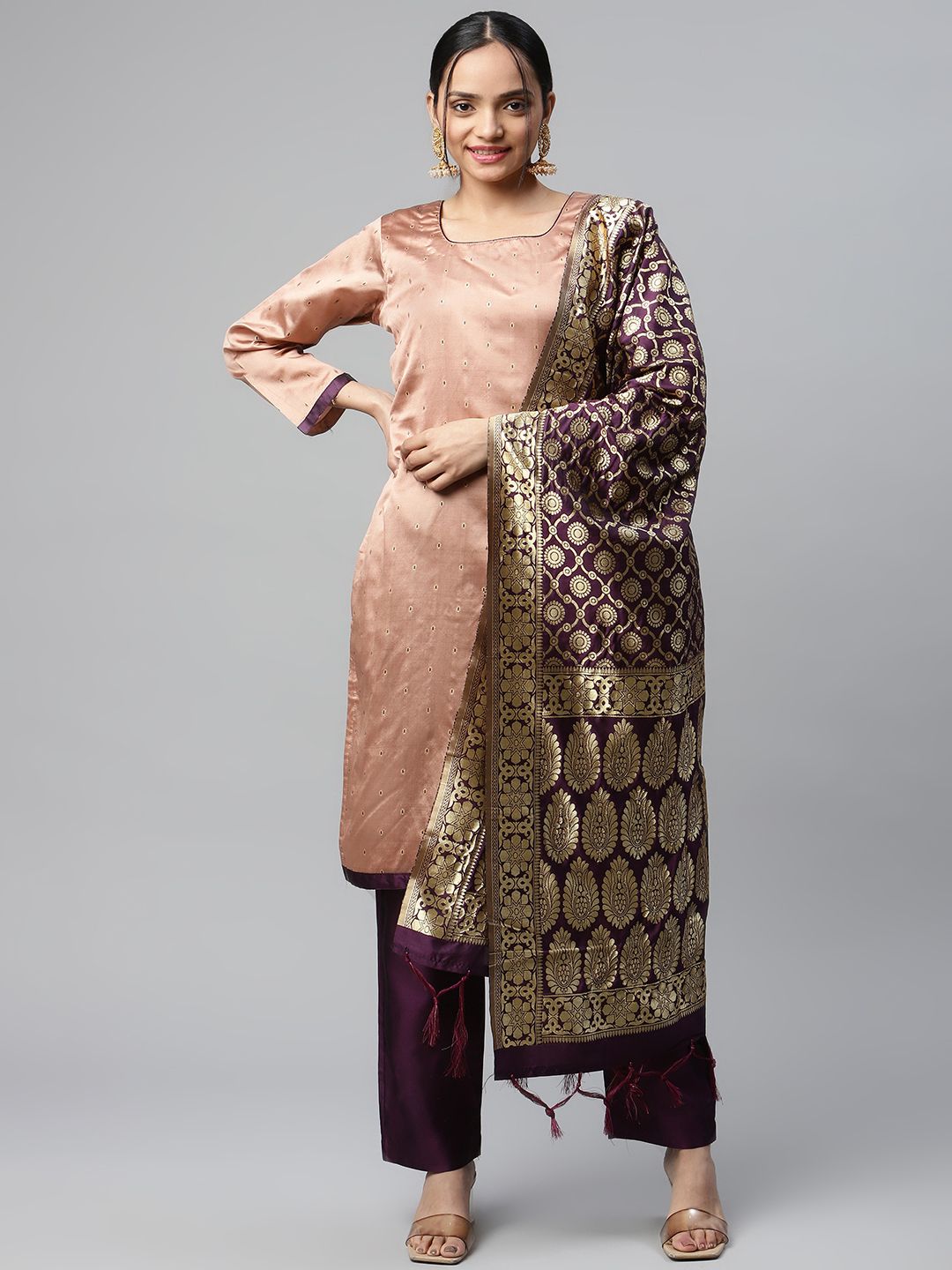 Readiprint Fashions Peach-Coloured & Purple Dupion Silk Unstitched Dress Material Price in India