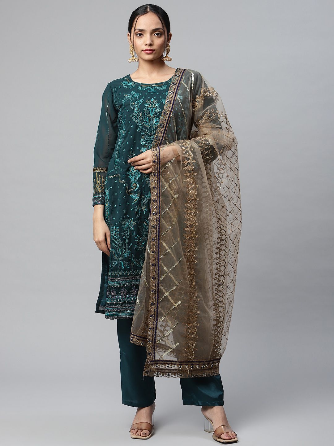 Readiprint Fashions Teal & Beige Embroidered Semi-Stitched Dress Material Price in India