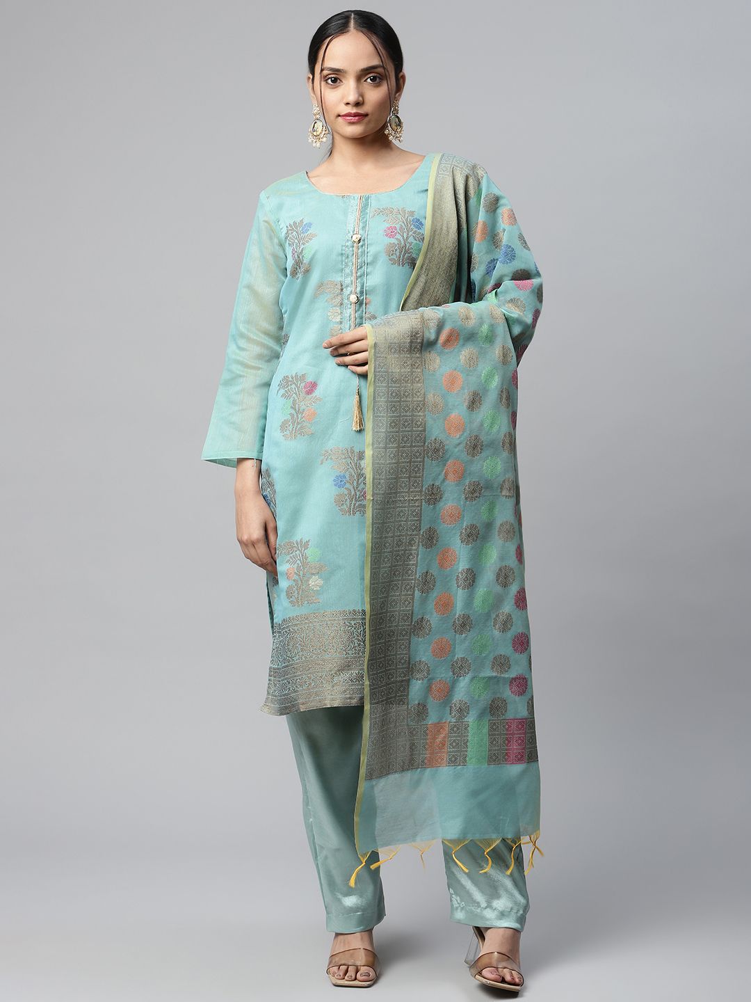 Readiprint Fashions Sea Green & Beige Art Silk Unstitched Dress Material Price in India