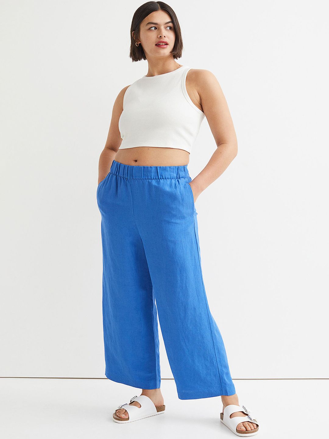 H&M Women Blue Wide Linen-blend Trousers Price in India