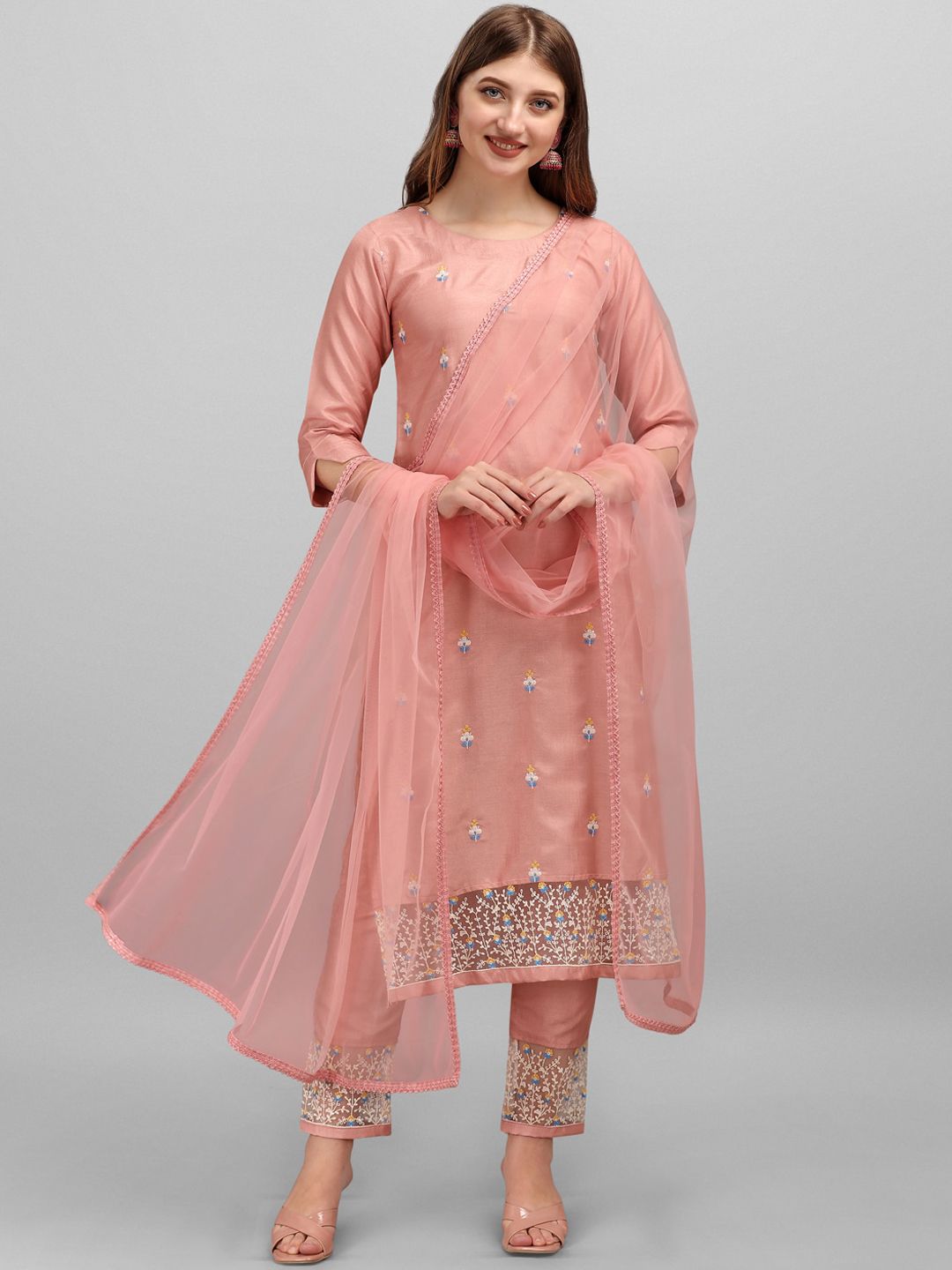 heemara Women Peach-Coloured Ethnic Motifs Embroidered Kurta with Trousers & With Dupatta Price in India