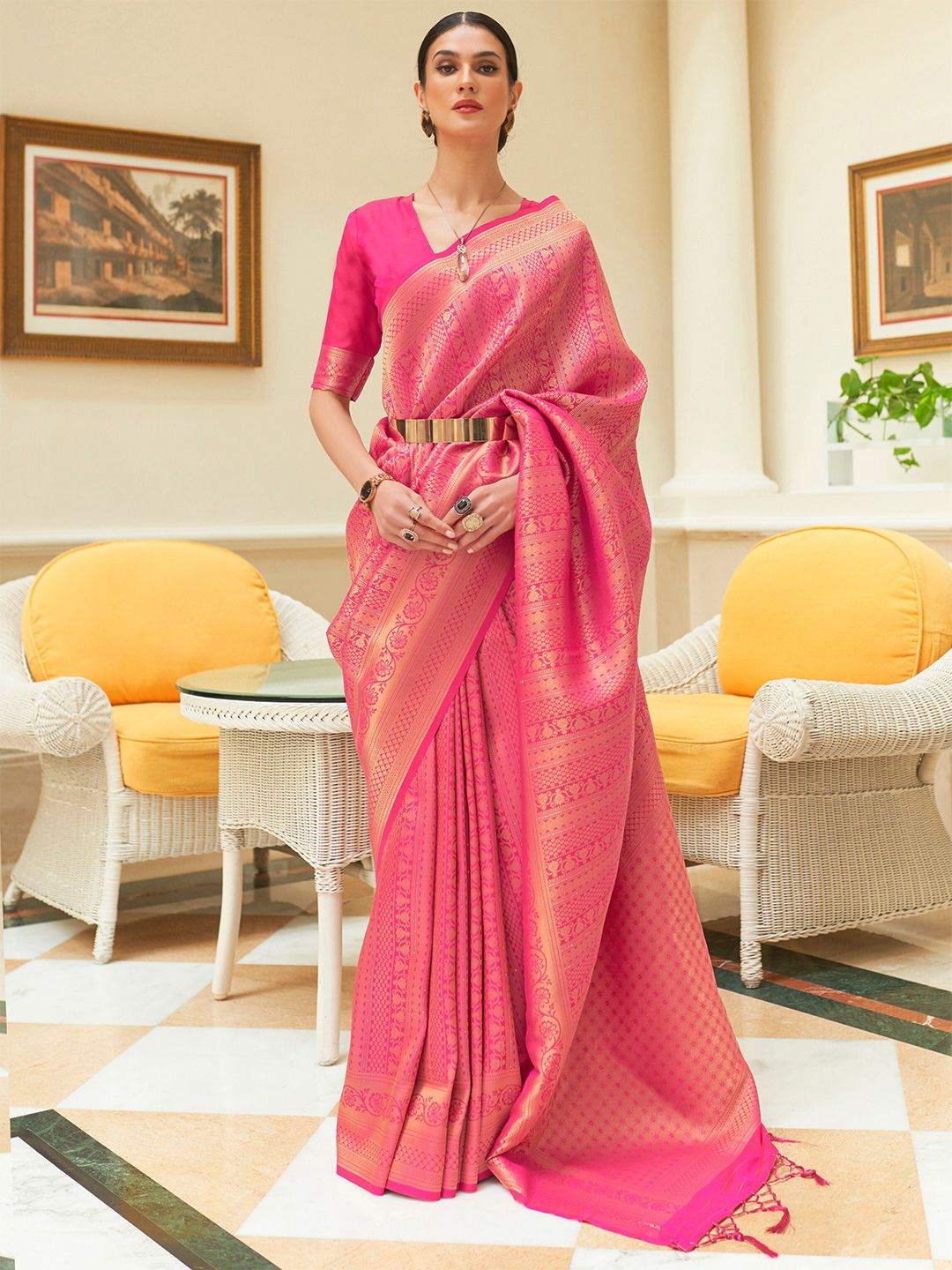 Mitera Pink & Gold-Toned Ethnic Motifs Kanjeevaram Saree Price in India